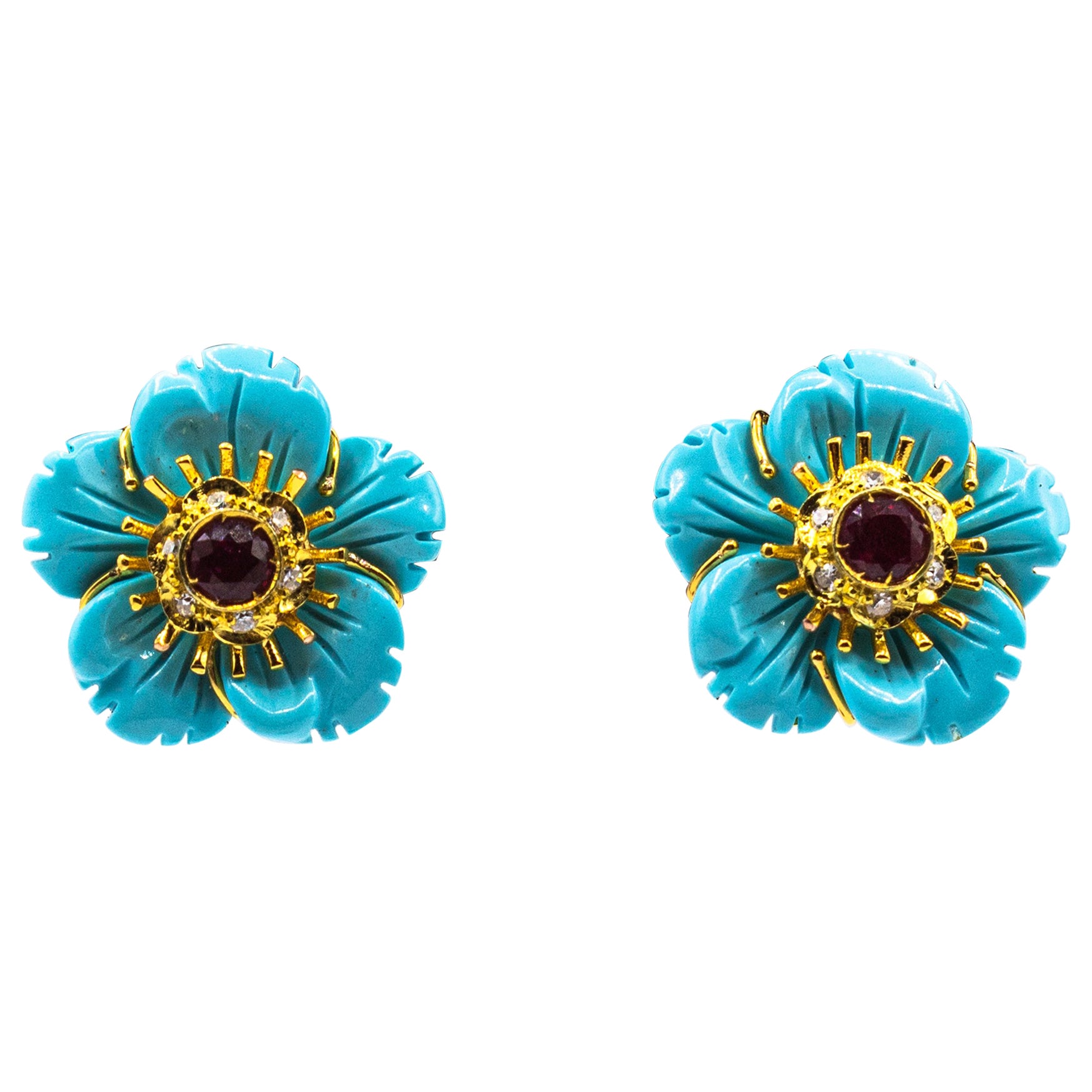 Art Nouveau White Diamond Turquoise Ruby Yellow Gold Clip-On Flowers Earrings For Sale