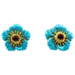 Retro Art Nouveau White Diamond Turquoise Ruby Yellow Gold Clip-On Flowers Earrings