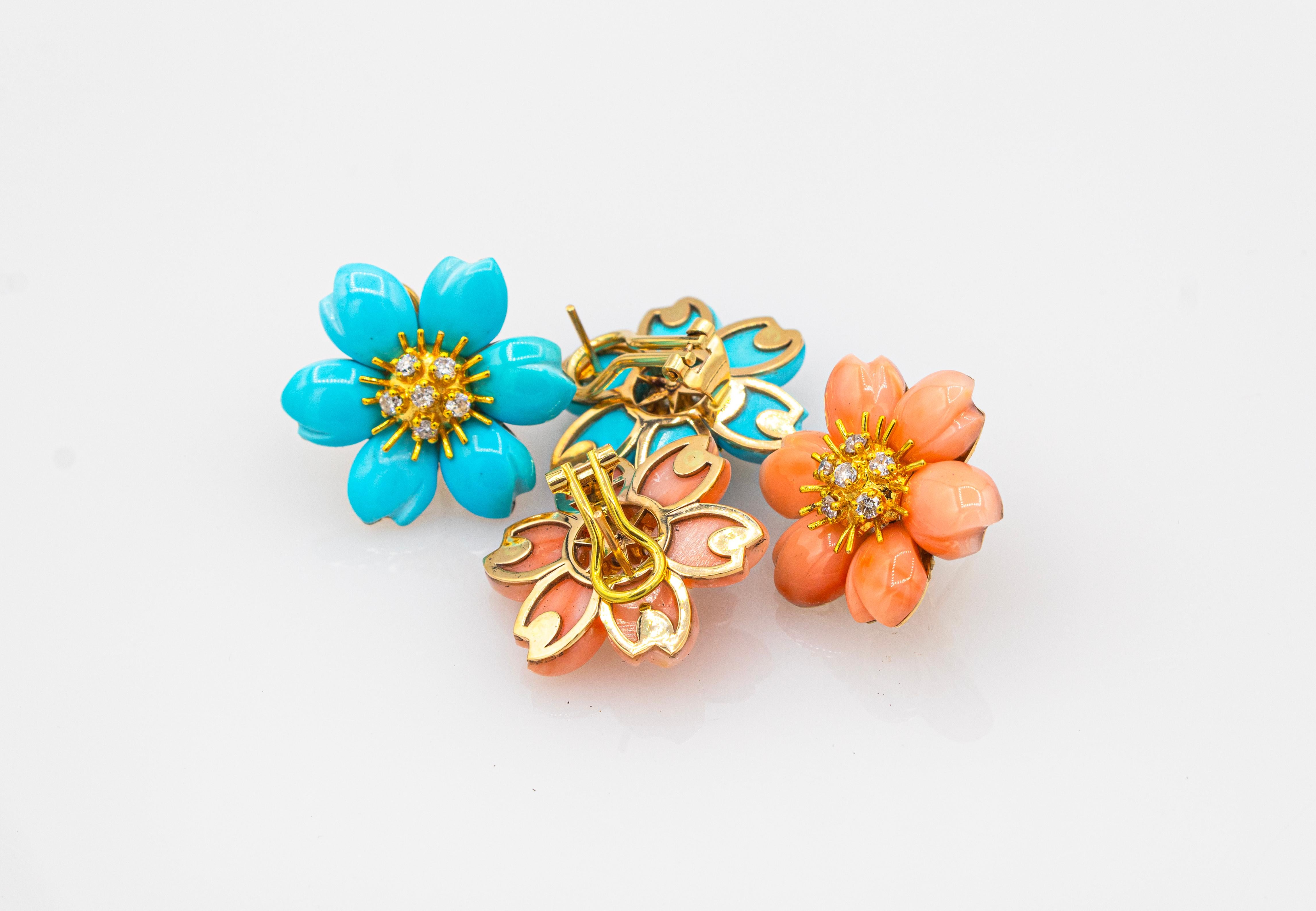Art Nouveau White Diamond Turquoise Yellow Gold Dangle Clip-On Flowers Earrings For Sale 5