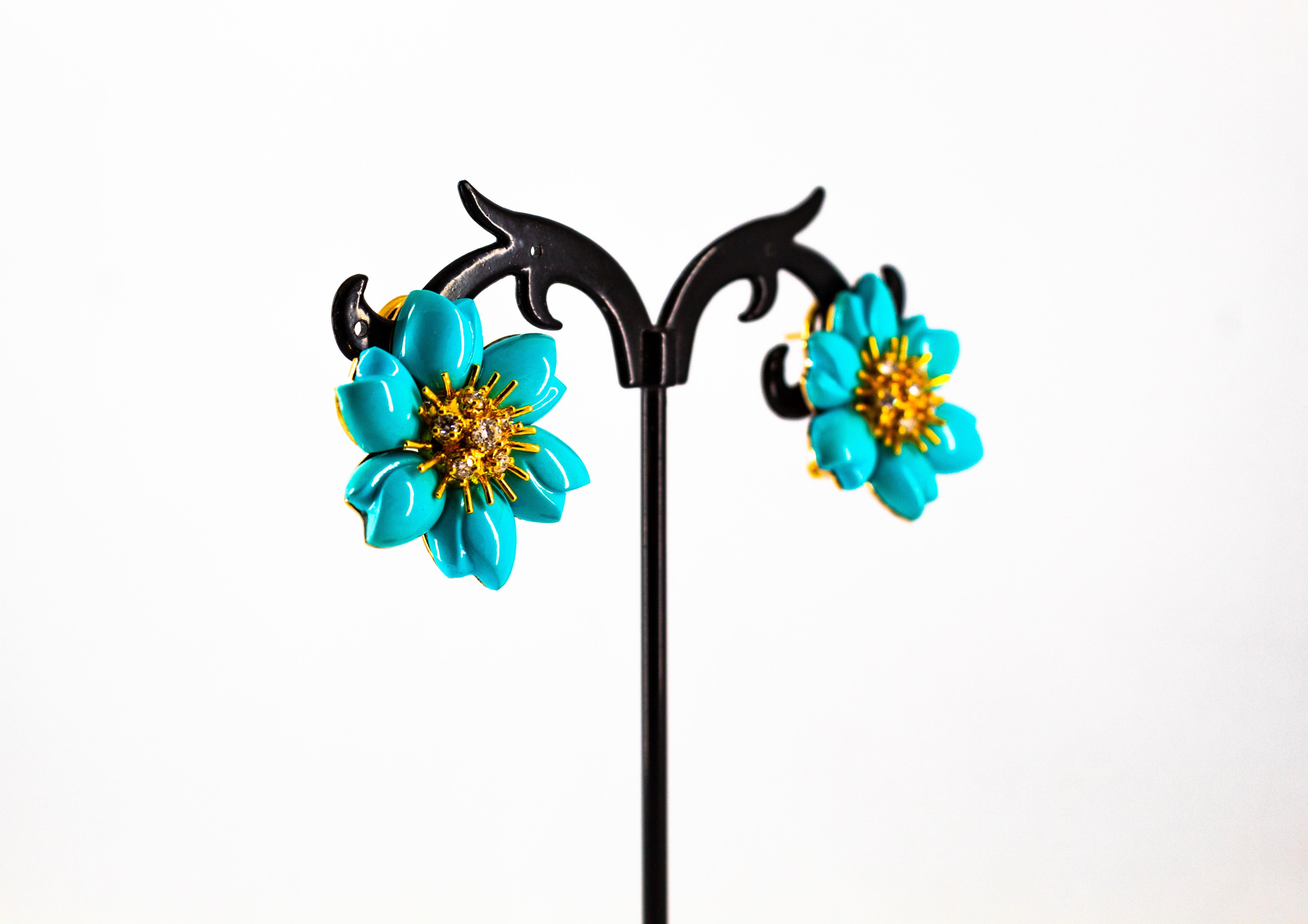 Art Nouveau White Diamond Turquoise Yellow Gold Dangle Clip-On Flowers Earrings For Sale 5