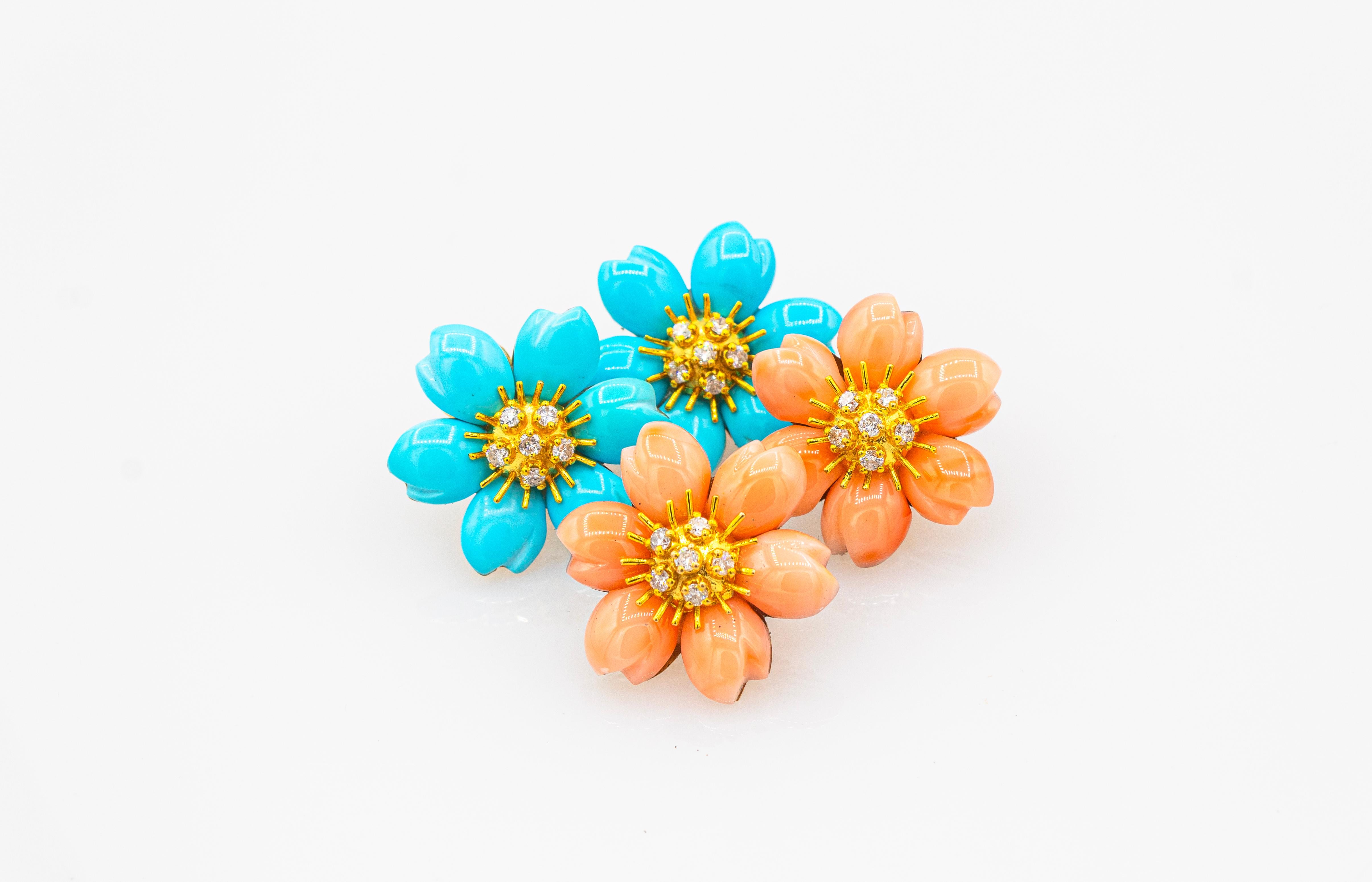 Art Nouveau White Diamond Turquoise Yellow Gold Dangle Clip-On Flowers Earrings For Sale 6