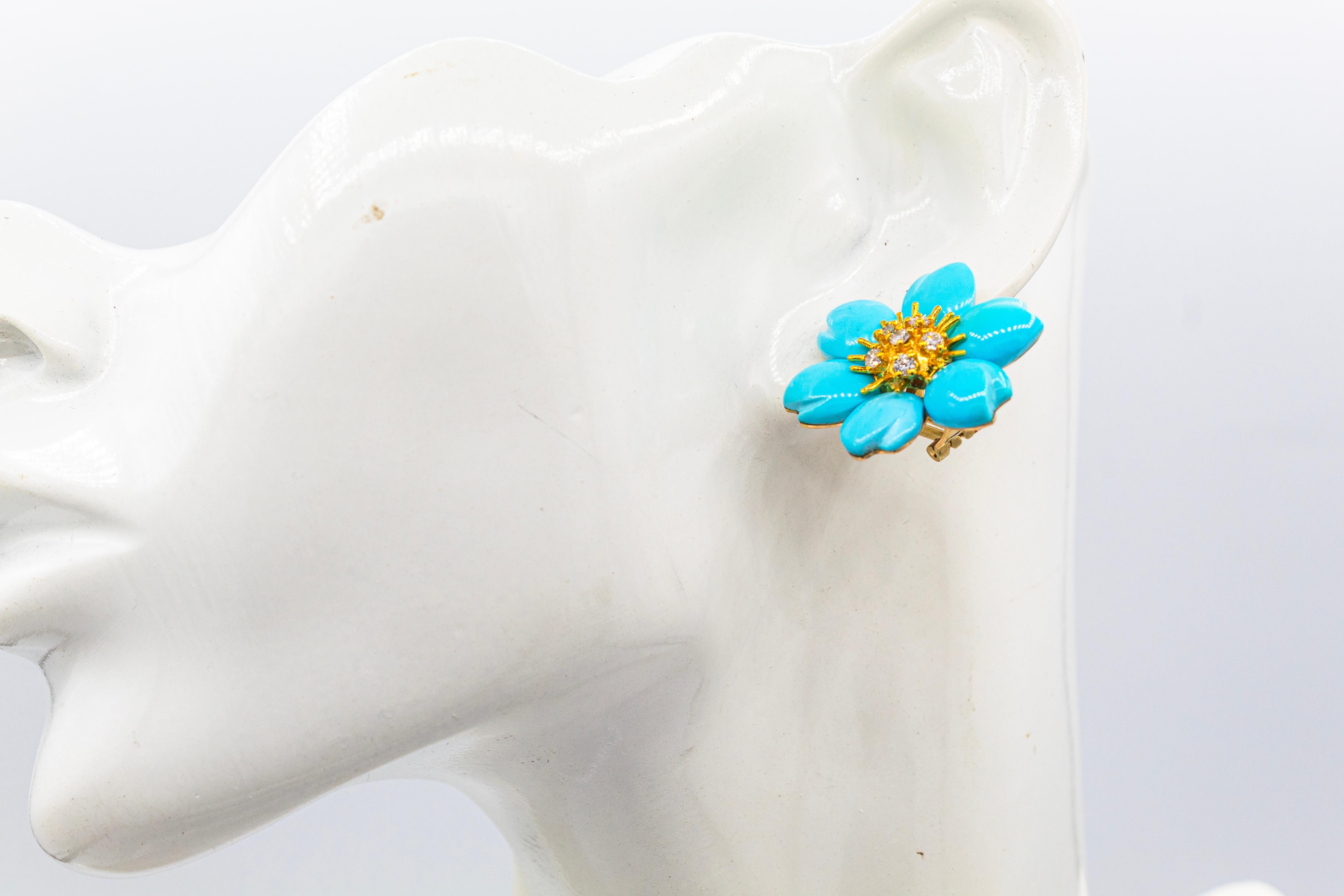 Art Nouveau White Diamond Turquoise Yellow Gold Dangle Clip-On Flowers Earrings For Sale 7
