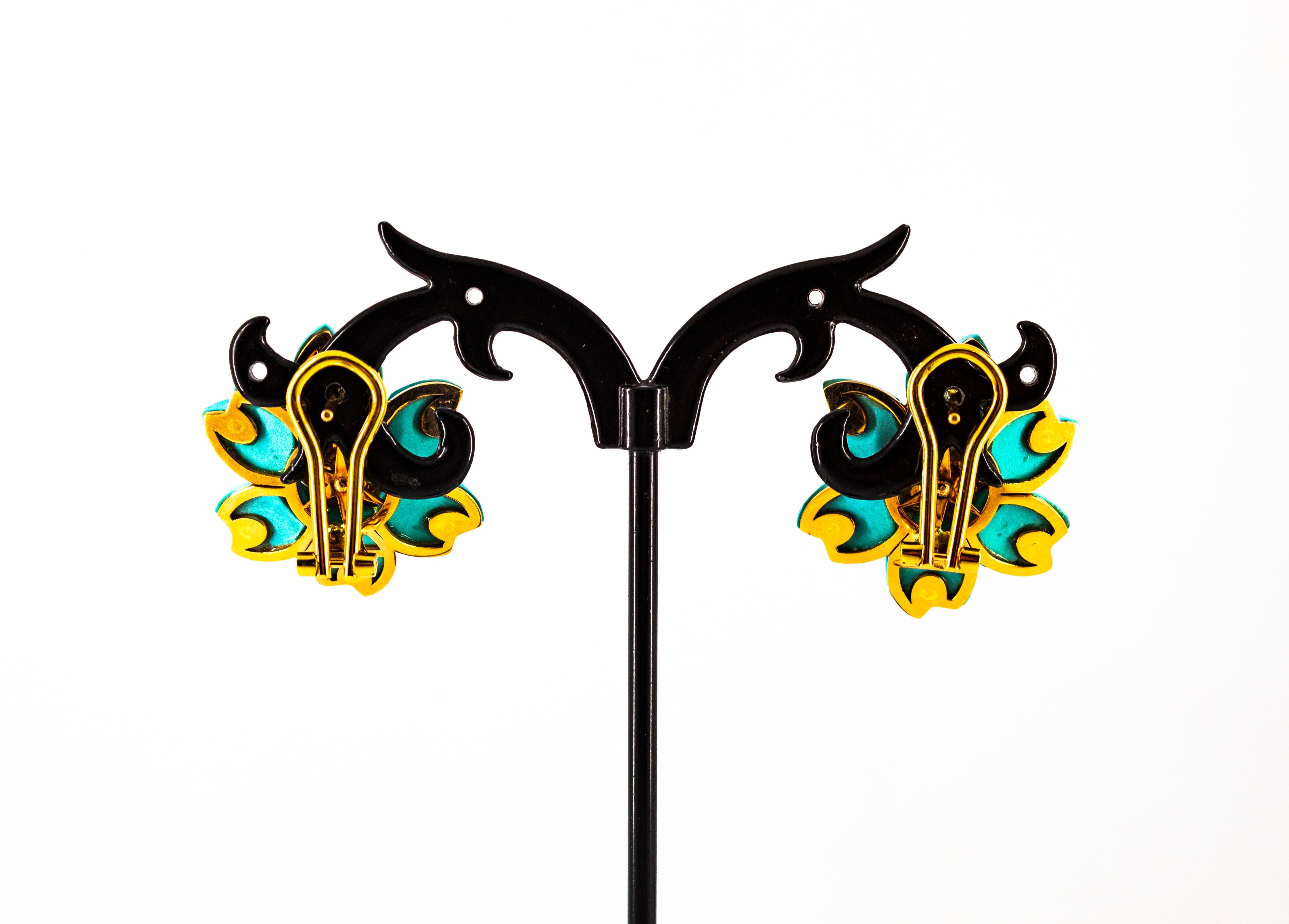 Art Nouveau White Diamond Turquoise Yellow Gold Dangle Clip-On Flowers Earrings For Sale 7