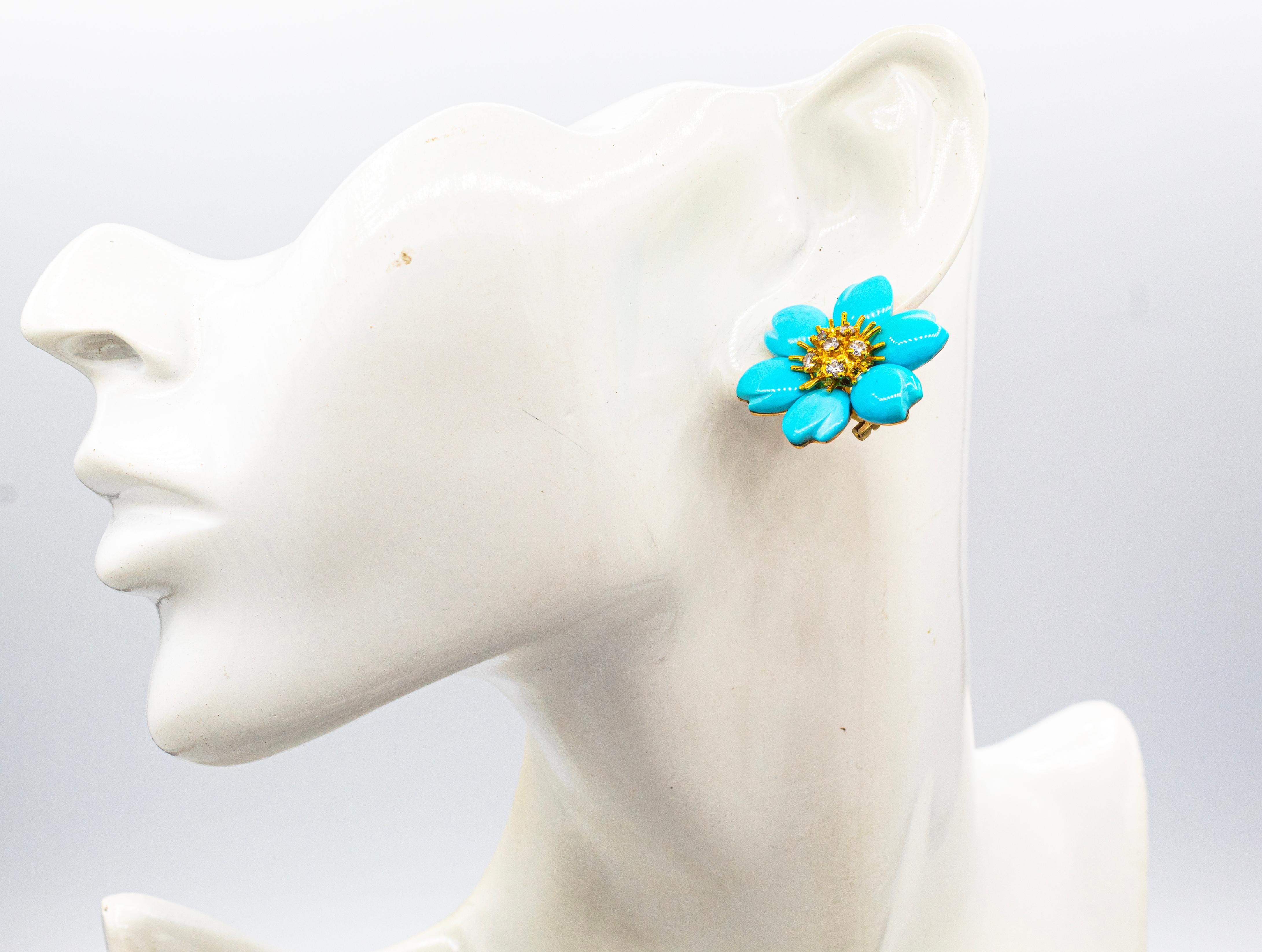 Art Nouveau White Diamond Turquoise Yellow Gold Dangle Clip-On Flowers Earrings For Sale 8