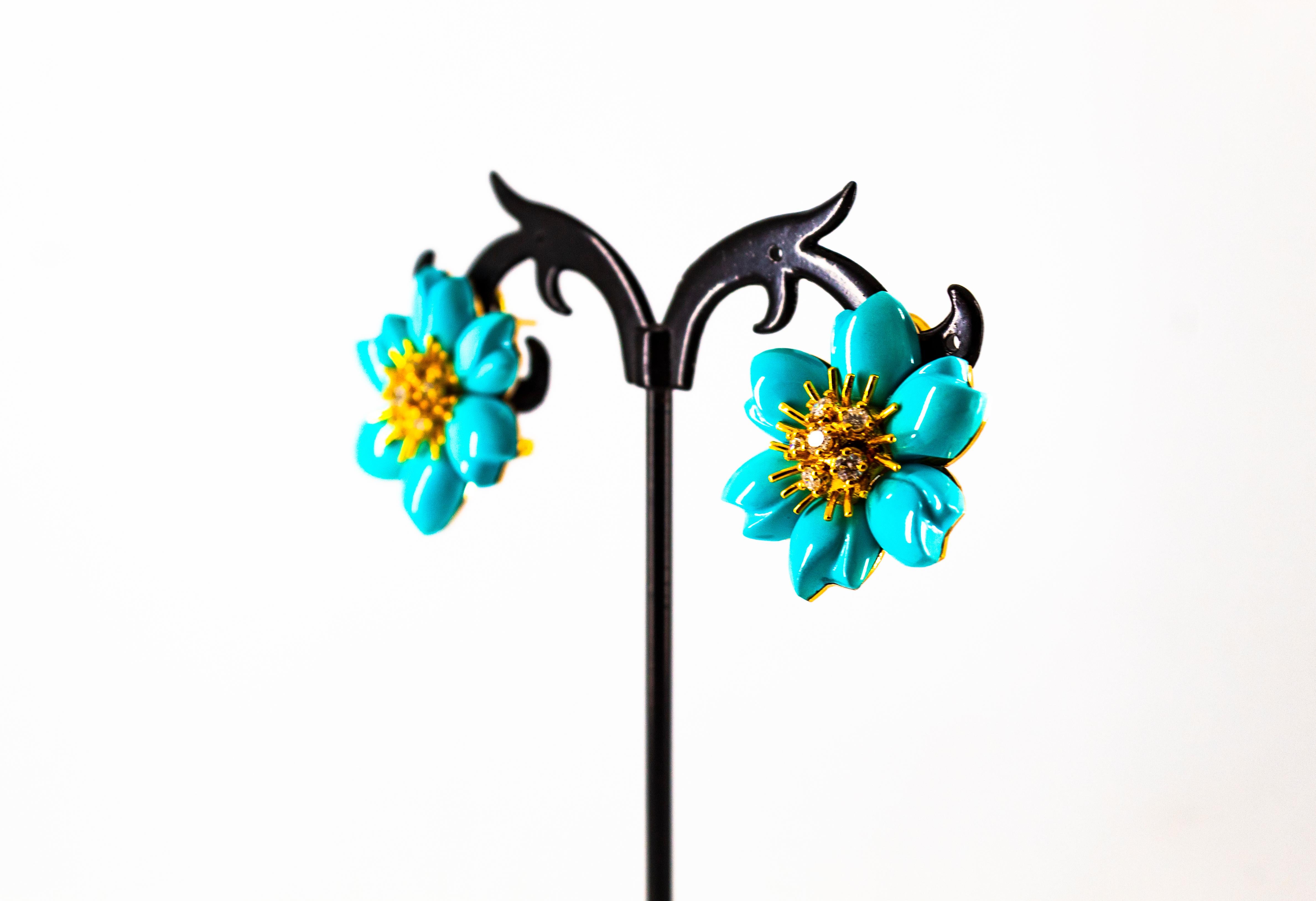 Art Nouveau White Diamond Turquoise Yellow Gold Dangle Clip-On Flowers Earrings 8