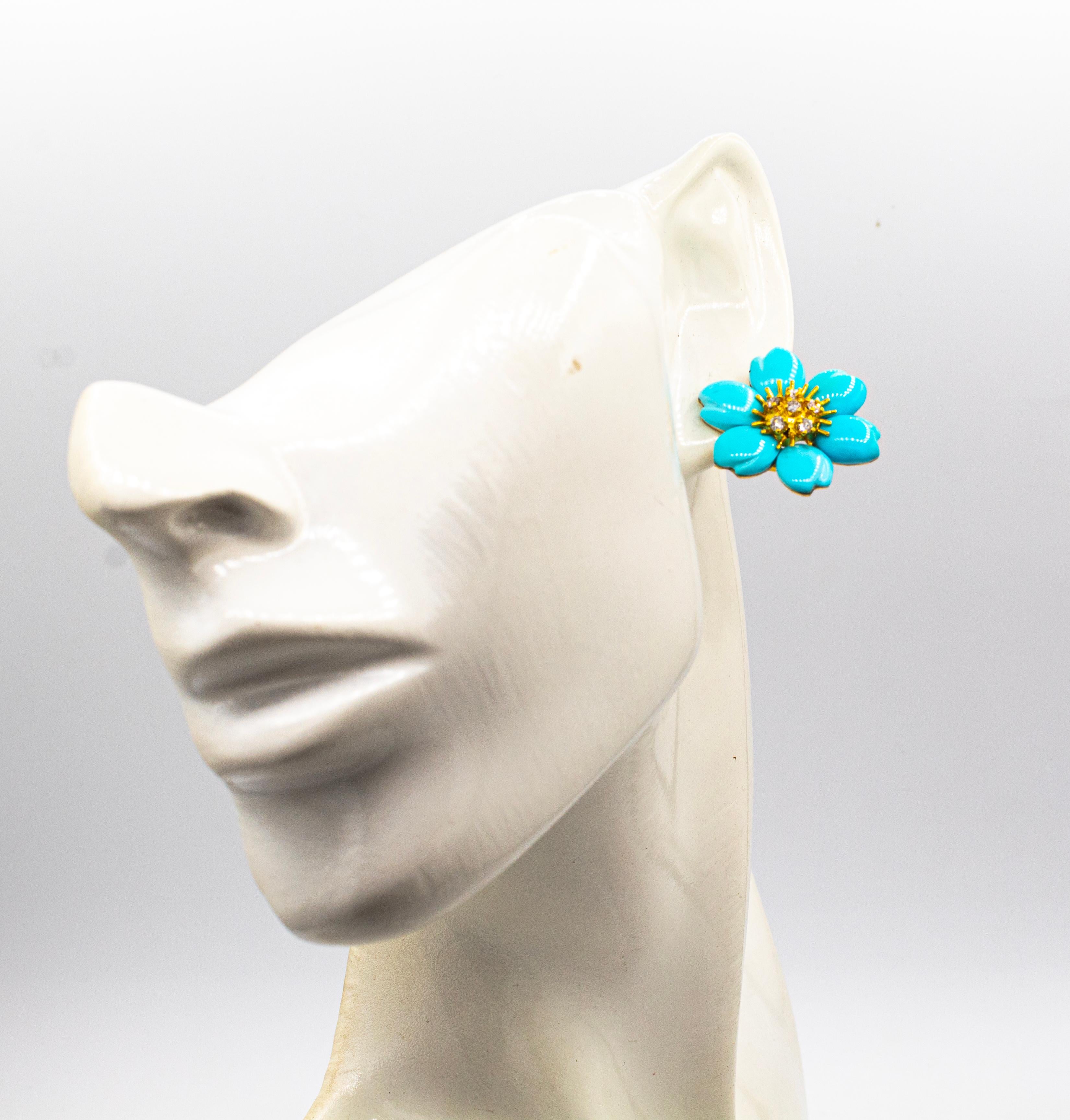 Art Nouveau White Diamond Turquoise Yellow Gold Dangle Clip-On Flowers Earrings For Sale 9