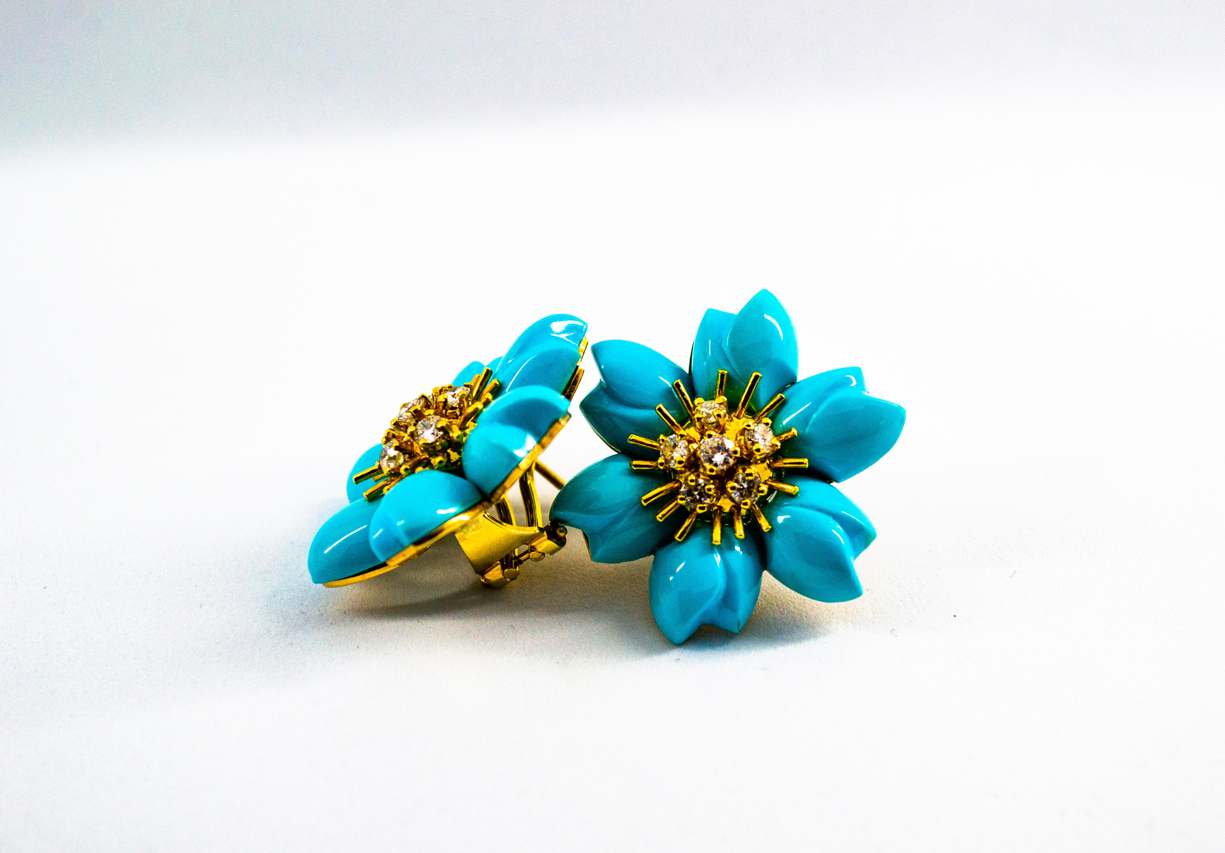 Art Nouveau White Diamond Turquoise Yellow Gold Dangle Clip-On Flowers Earrings For Sale 10
