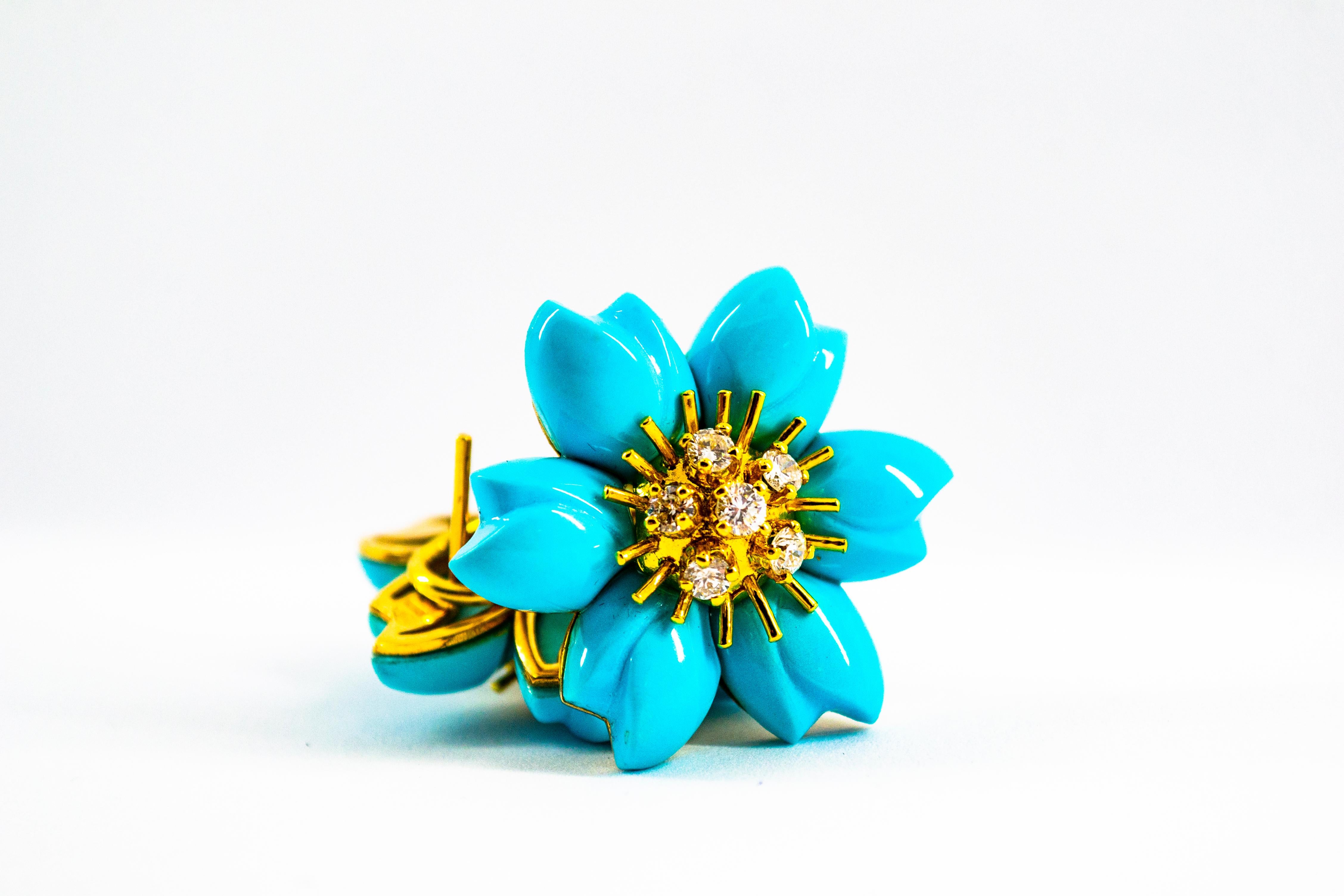 Art Nouveau White Diamond Turquoise Yellow Gold Dangle Clip-On Flowers Earrings 9