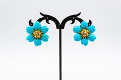 Art Nouveau White Diamond Turquoise Yellow Gold Dangle Clip-On Flowers Earrings