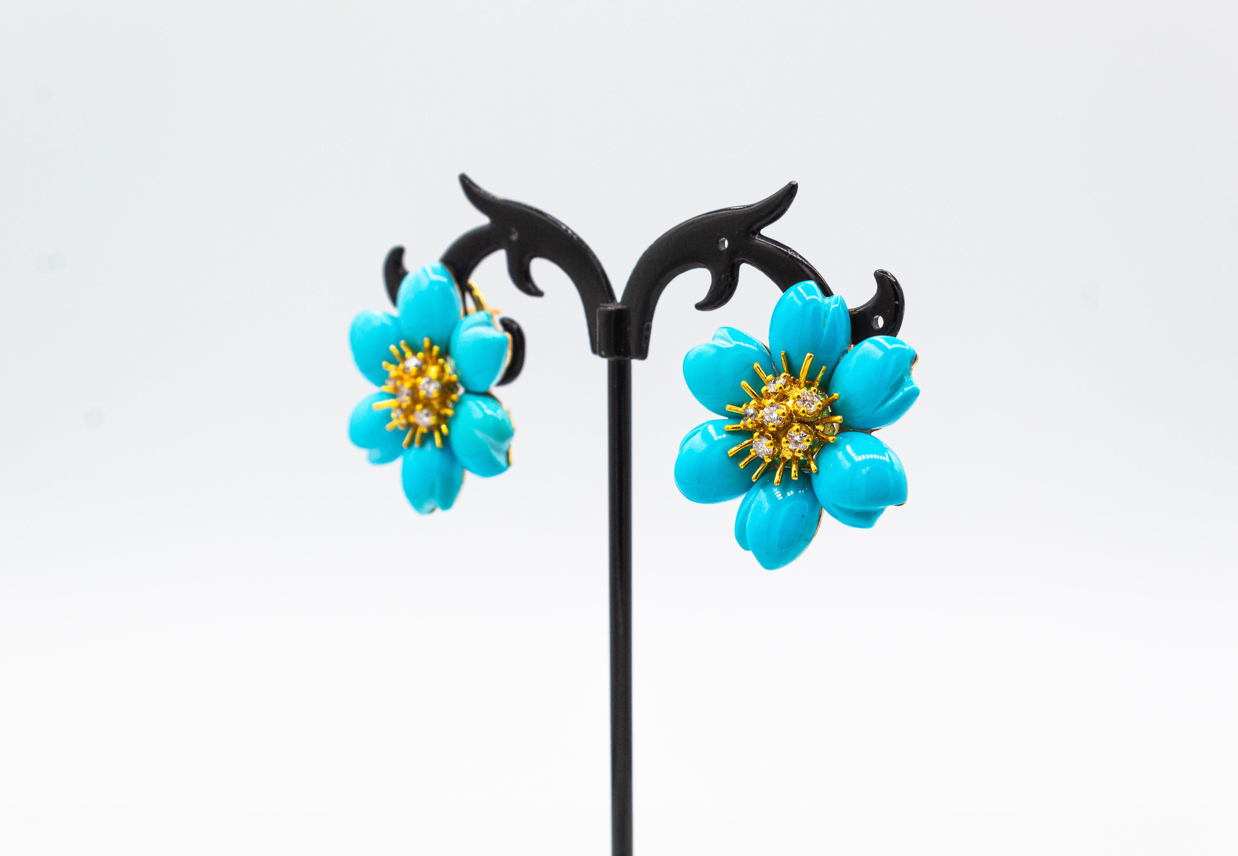 Brilliant Cut Art Nouveau White Diamond Turquoise Yellow Gold Dangle Clip-On Flowers Earrings For Sale