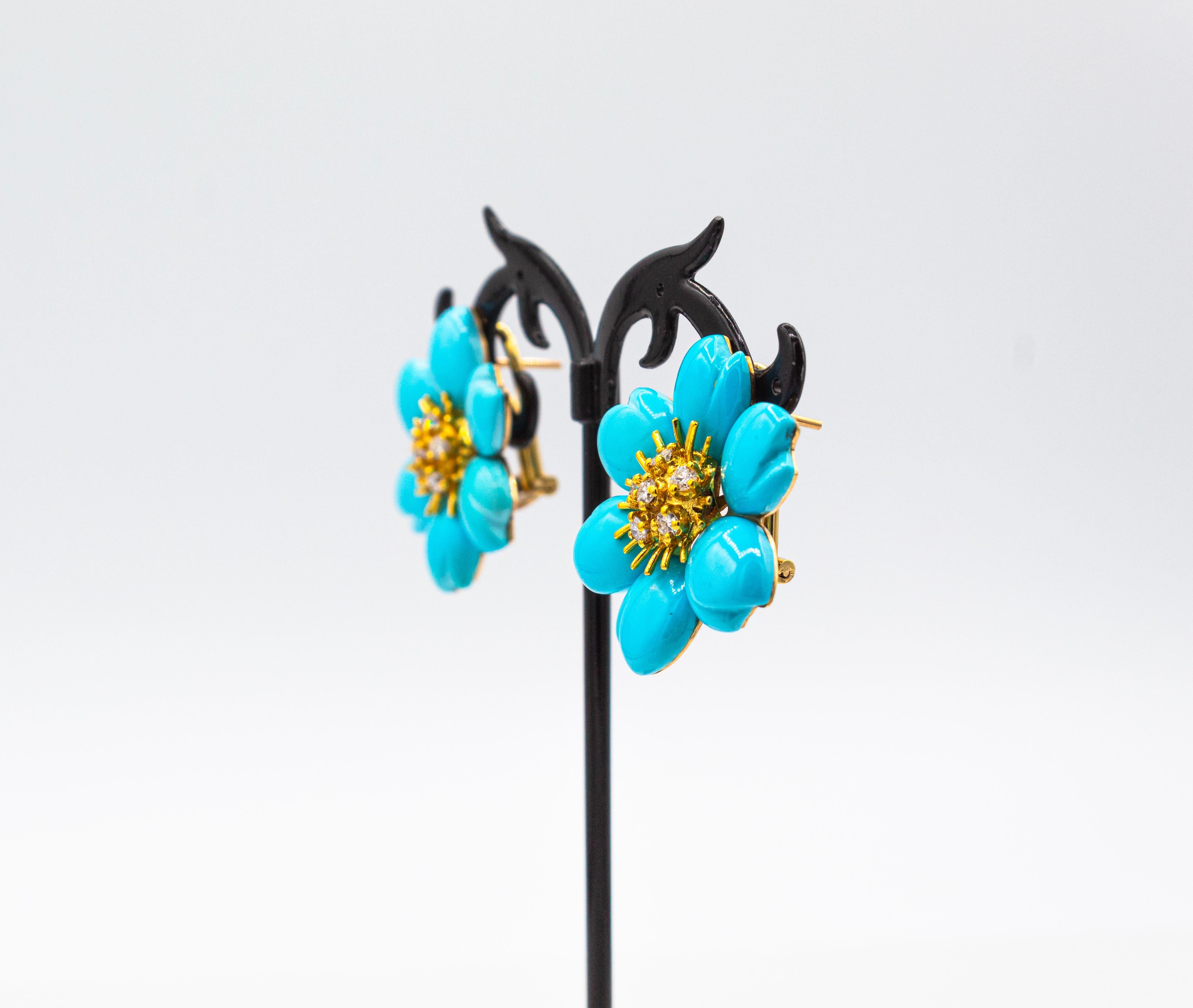 Art Nouveau White Diamond Turquoise Yellow Gold Dangle Clip-On Flowers Earrings In New Condition For Sale In Naples, IT