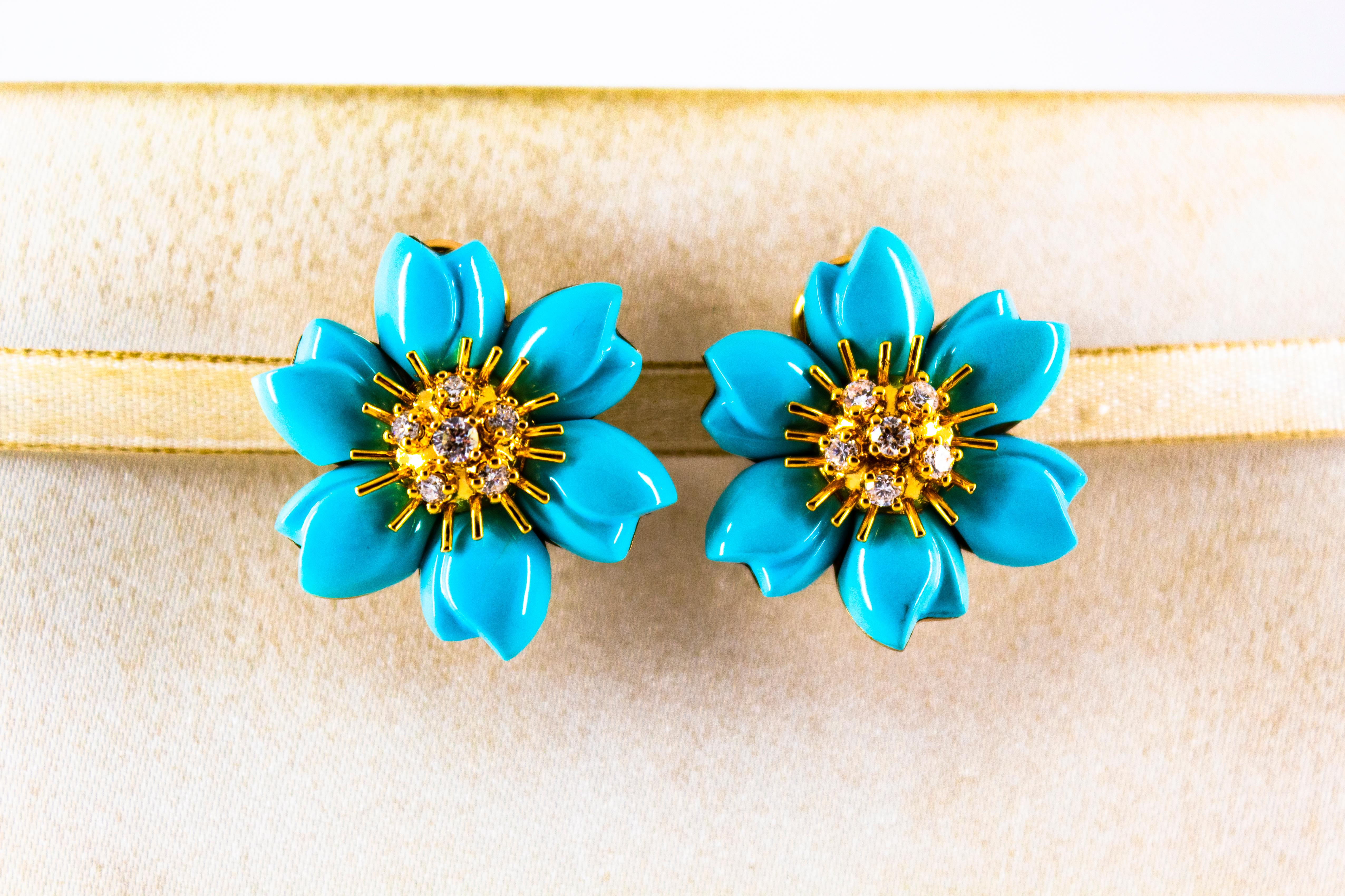 Art Nouveau White Diamond Turquoise Yellow Gold Dangle Clip-On Flowers Earrings In New Condition In Naples, IT