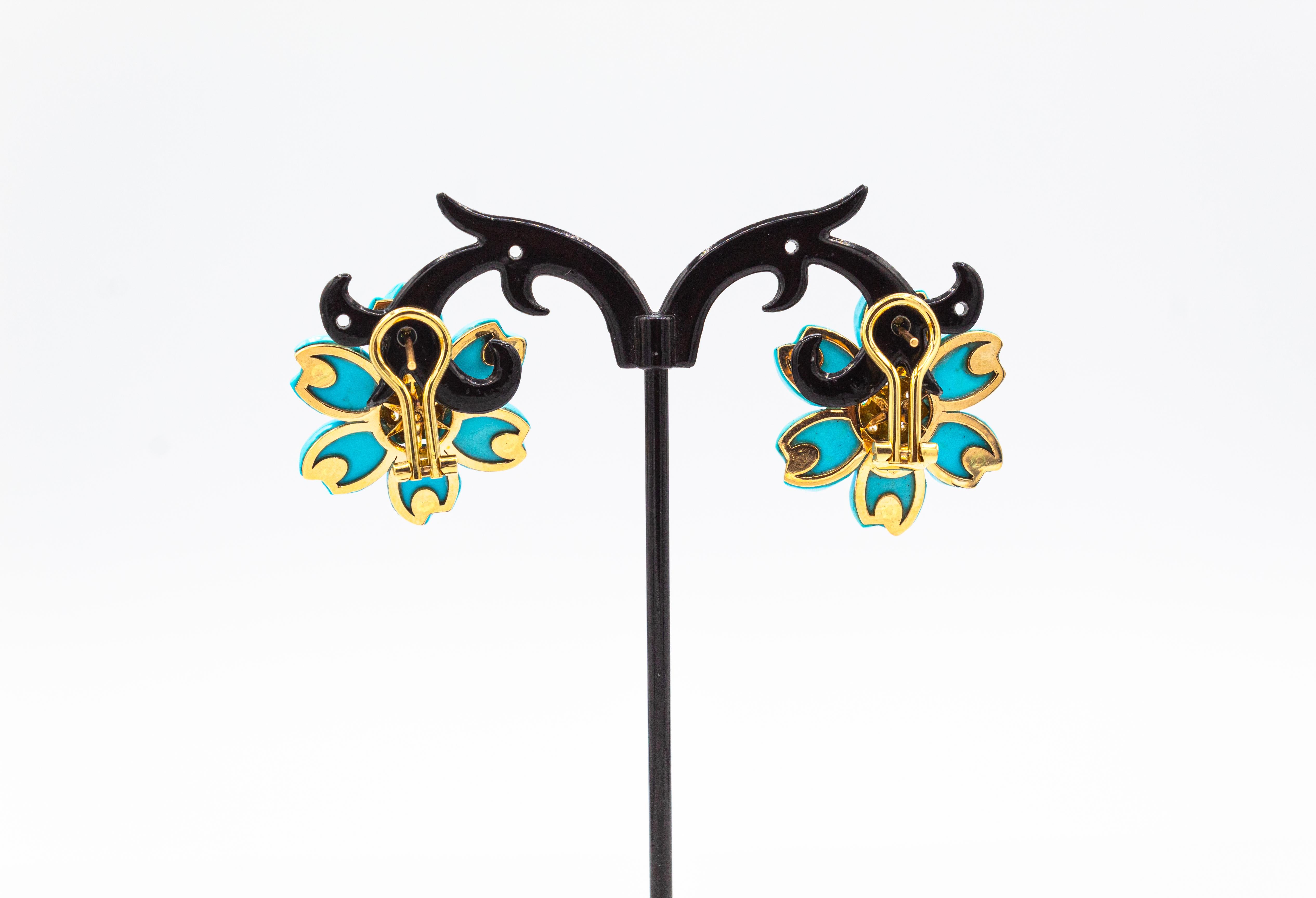 Women's or Men's Art Nouveau White Diamond Turquoise Yellow Gold Dangle Clip-On Flowers Earrings For Sale