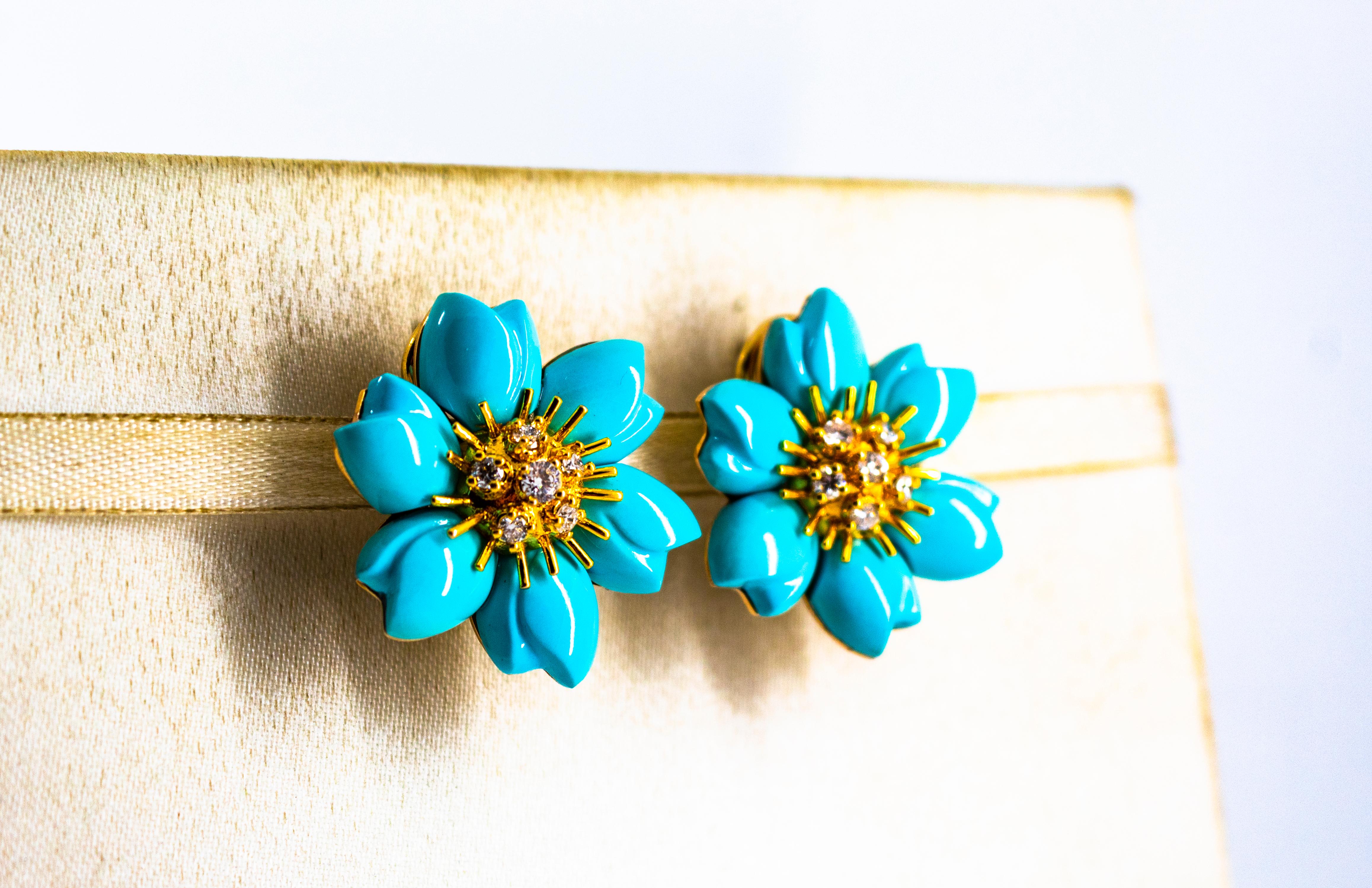 Brilliant Cut Art Nouveau White Diamond Turquoise Yellow Gold Dangle Clip-On Flowers Earrings