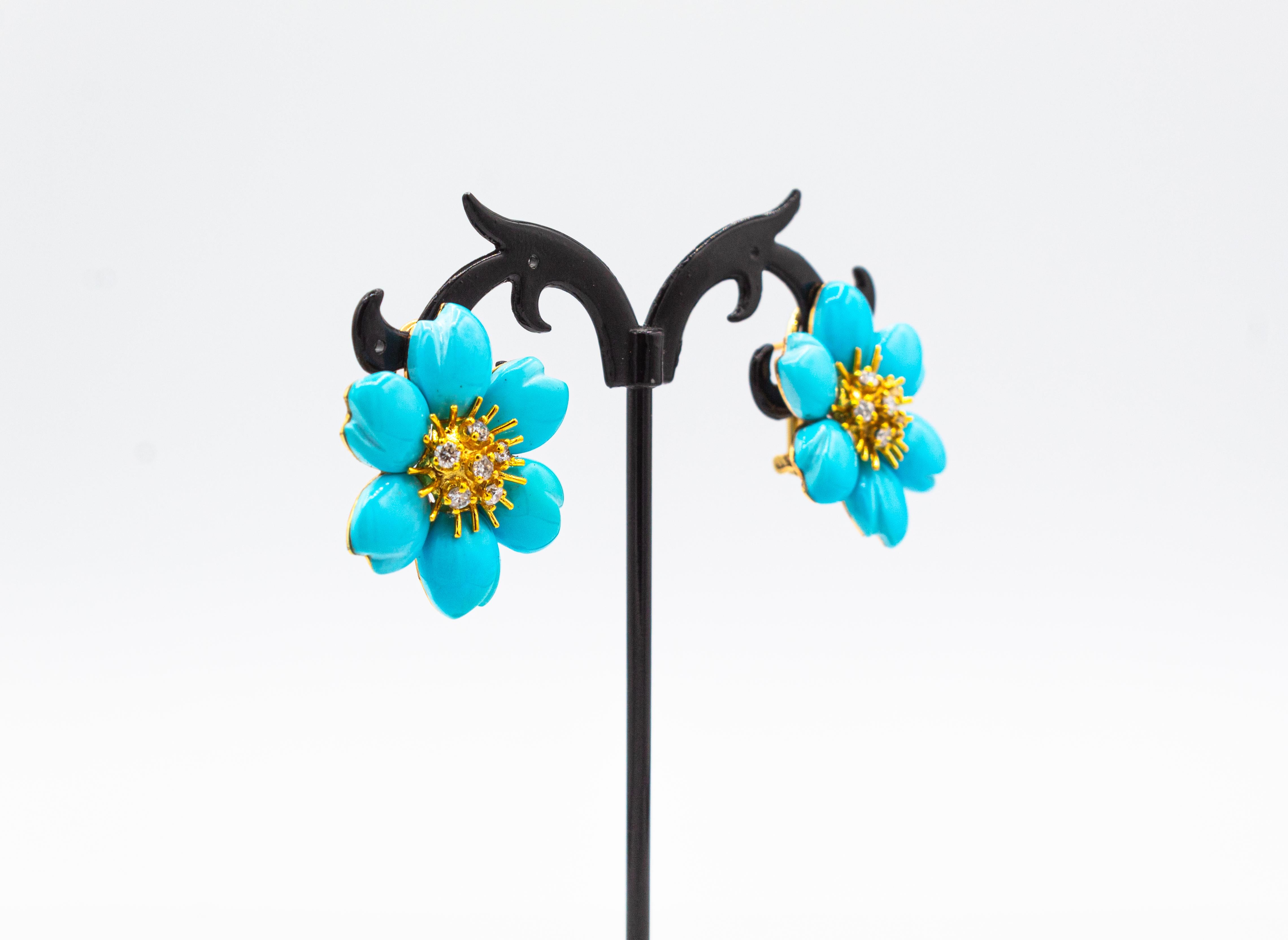 Art Nouveau White Diamond Turquoise Yellow Gold Dangle Clip-On Flowers Earrings For Sale 1