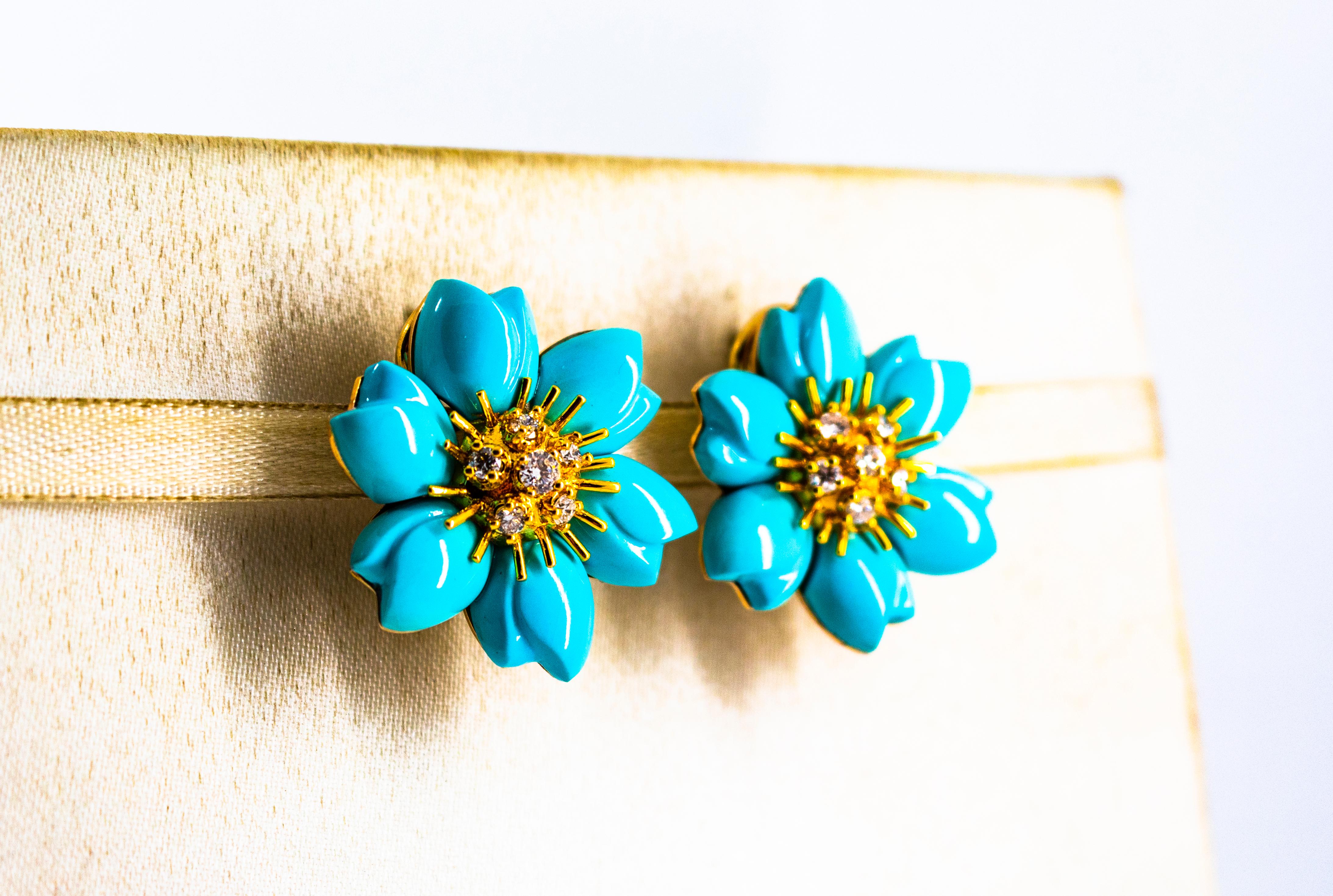 Art Nouveau White Diamond Turquoise Yellow Gold Dangle Clip-On Flowers Earrings In New Condition In Naples, IT