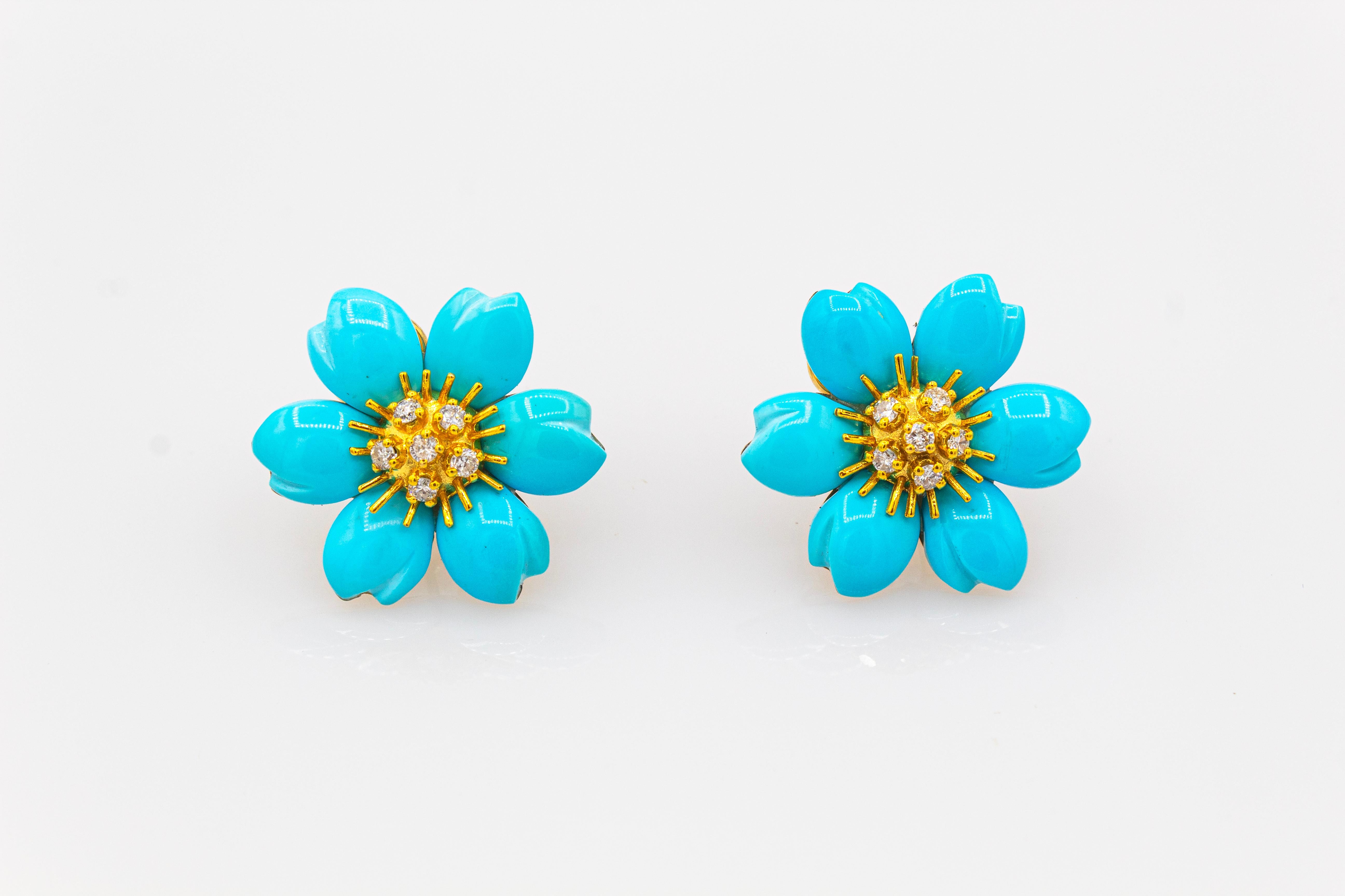 Art Nouveau White Diamond Turquoise Yellow Gold Dangle Clip-On Flowers Earrings For Sale 2