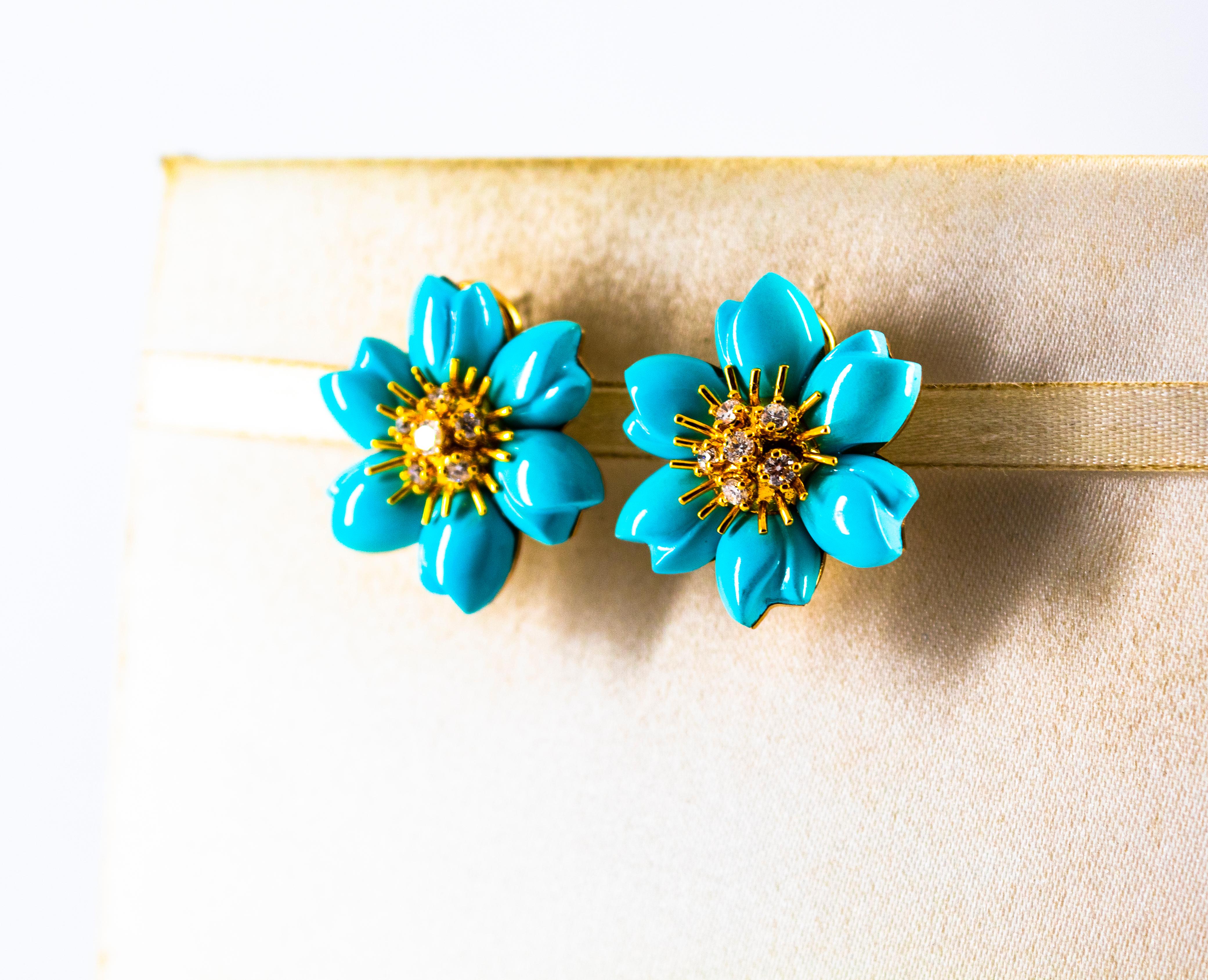 Women's or Men's Art Nouveau White Diamond Turquoise Yellow Gold Dangle Clip-On Flowers Earrings