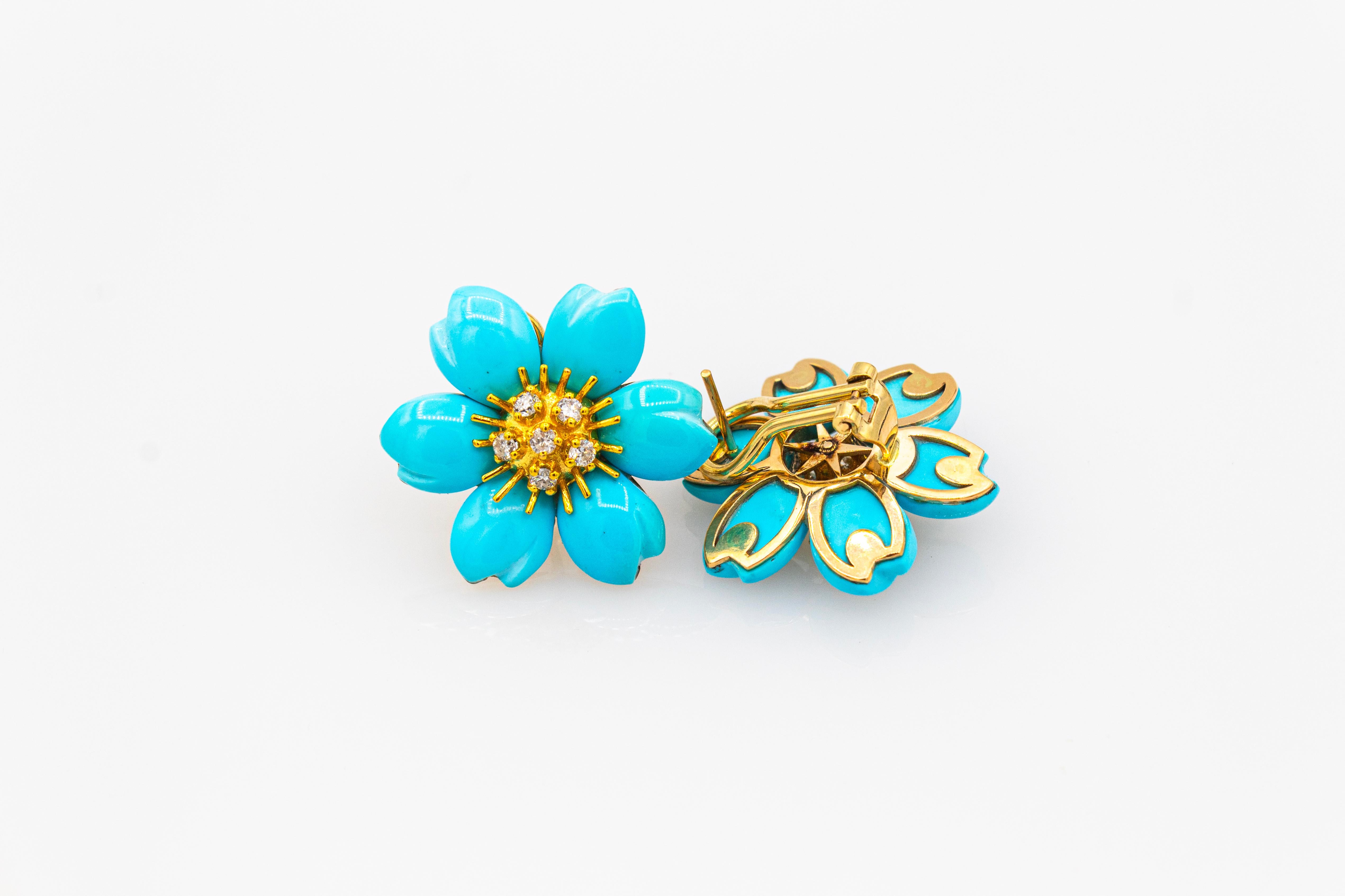 Art Nouveau White Diamond Turquoise Yellow Gold Dangle Clip-On Flowers Earrings For Sale 3