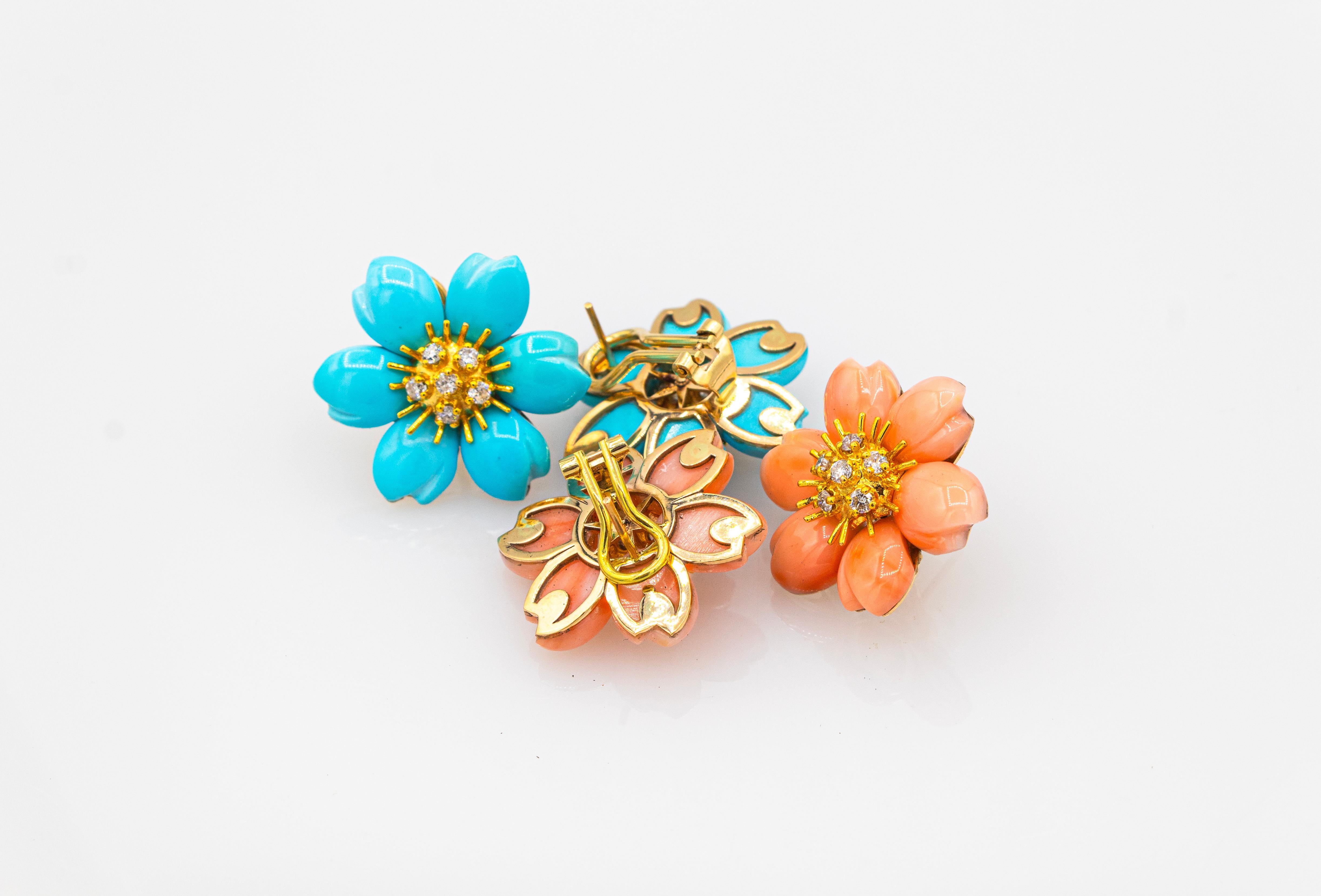 Art Nouveau White Diamond Turquoise Yellow Gold Dangle Clip-On Flowers Earrings For Sale 4