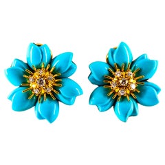 Art Nouveau White Diamond Turquoise Yellow Gold Dangle Clip-On Flowers Earrings