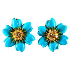 Art Nouveau White Diamond Turquoise Yellow Gold Dangle Clip-On Flowers Earrings