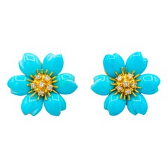 Art Nouveau White Diamond Turquoise Yellow Gold Dangle Clip-On Flowers Earrings