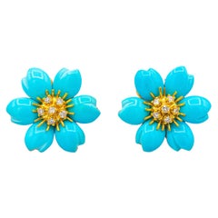Art Nouveau White Diamond Turquoise Yellow Gold Dangle Clip-On Flowers Earrings