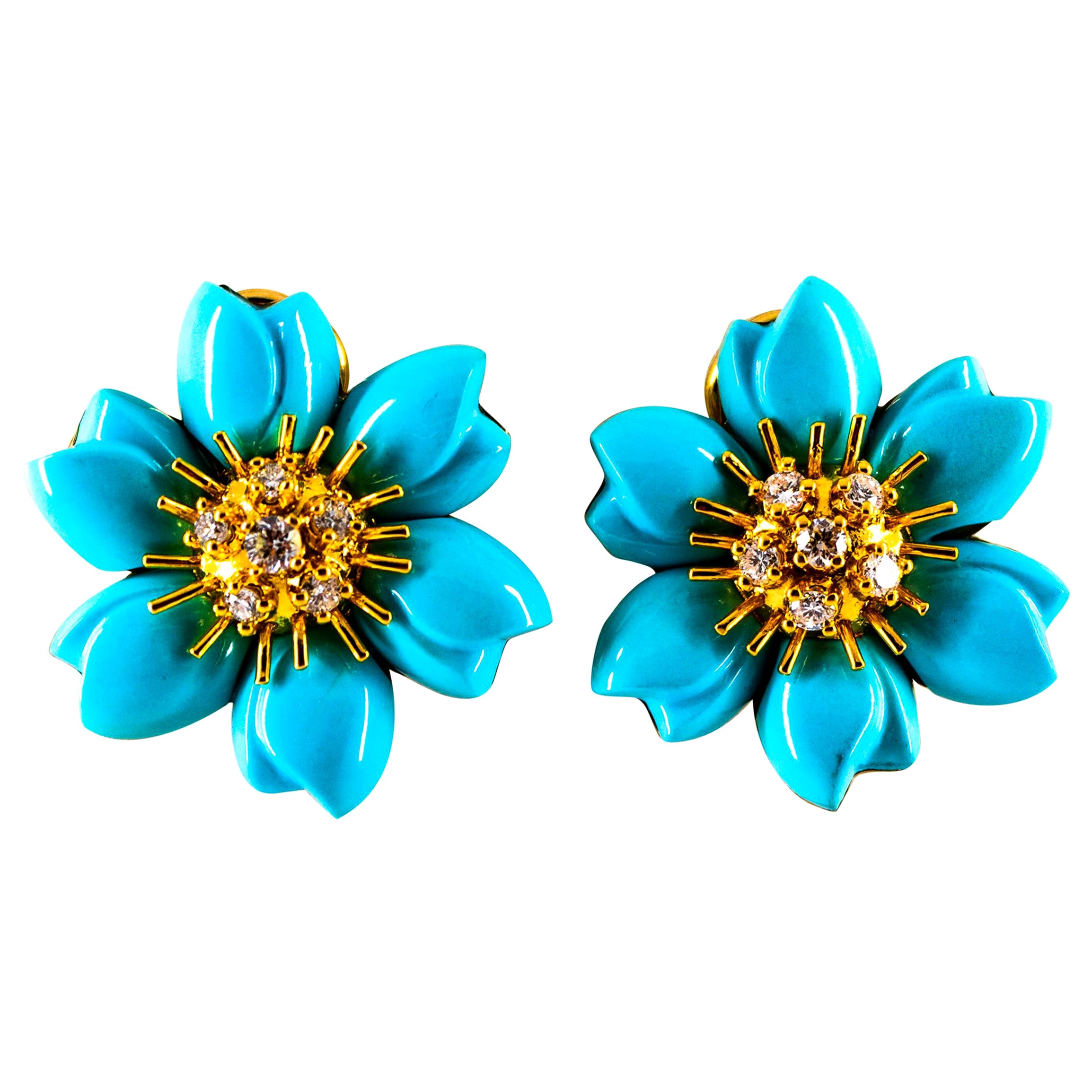 Art Nouveau White Diamond Turquoise Yellow Gold Dangle Clip-On Flowers Earrings