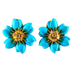 Clips d'oreilles à fleurs Art Nouveau en or jaune avec diamants blancs et turquoises