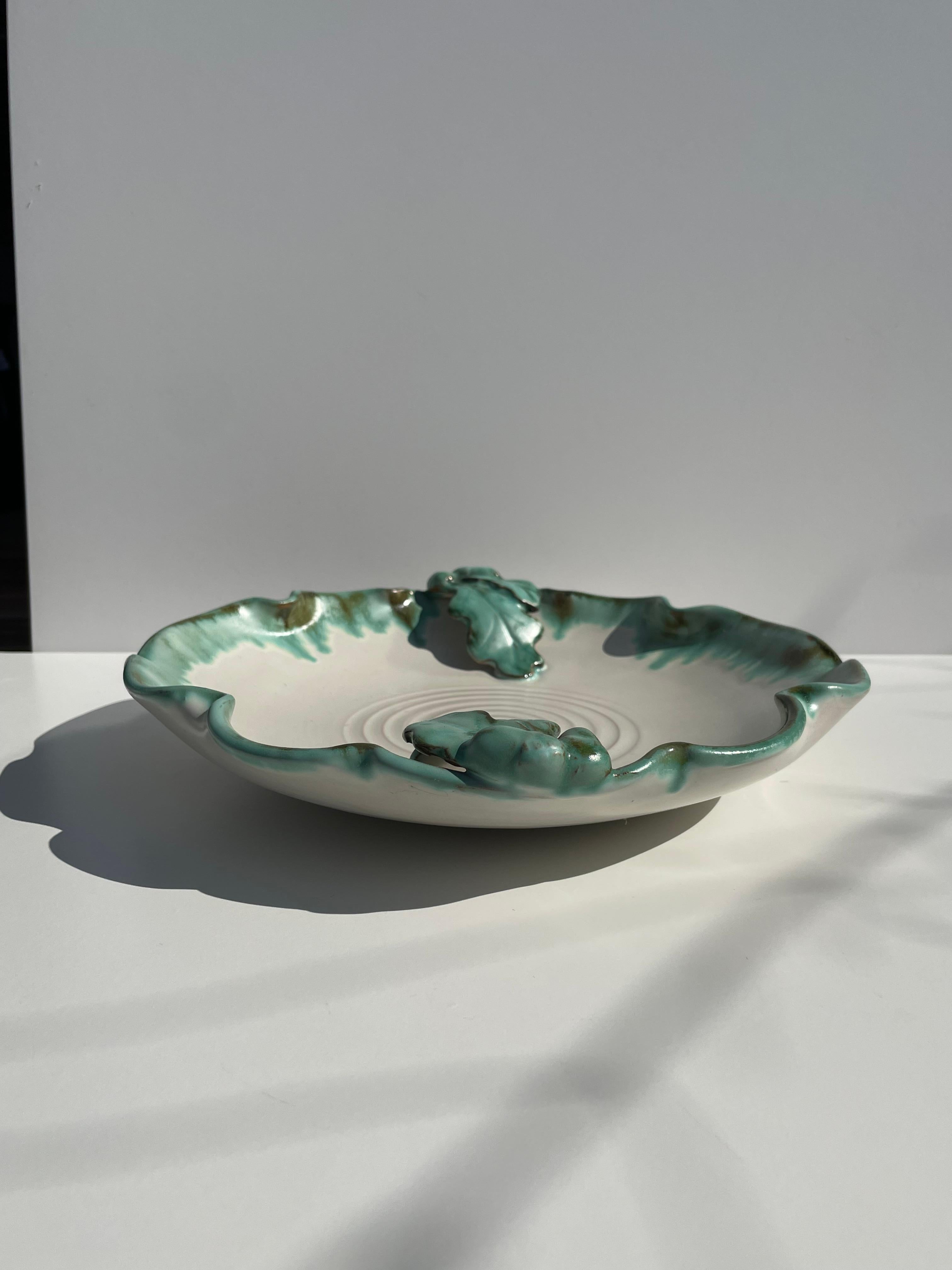 Glazed Art Nouveau White Green Organic Bowl Centerpiece, 1950s For Sale