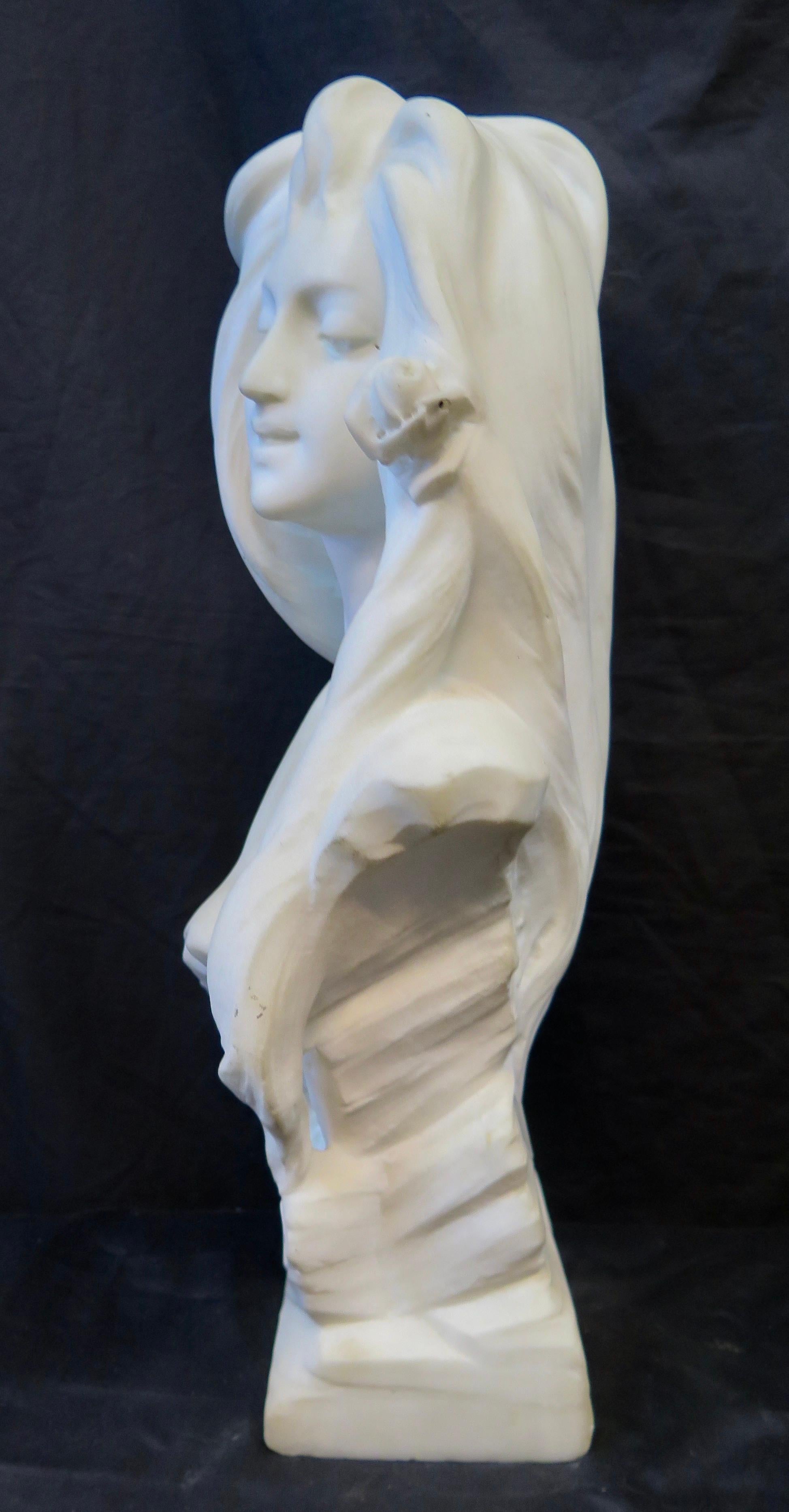 French Art Nouveau White Marble Bust of a Young Woman For Sale