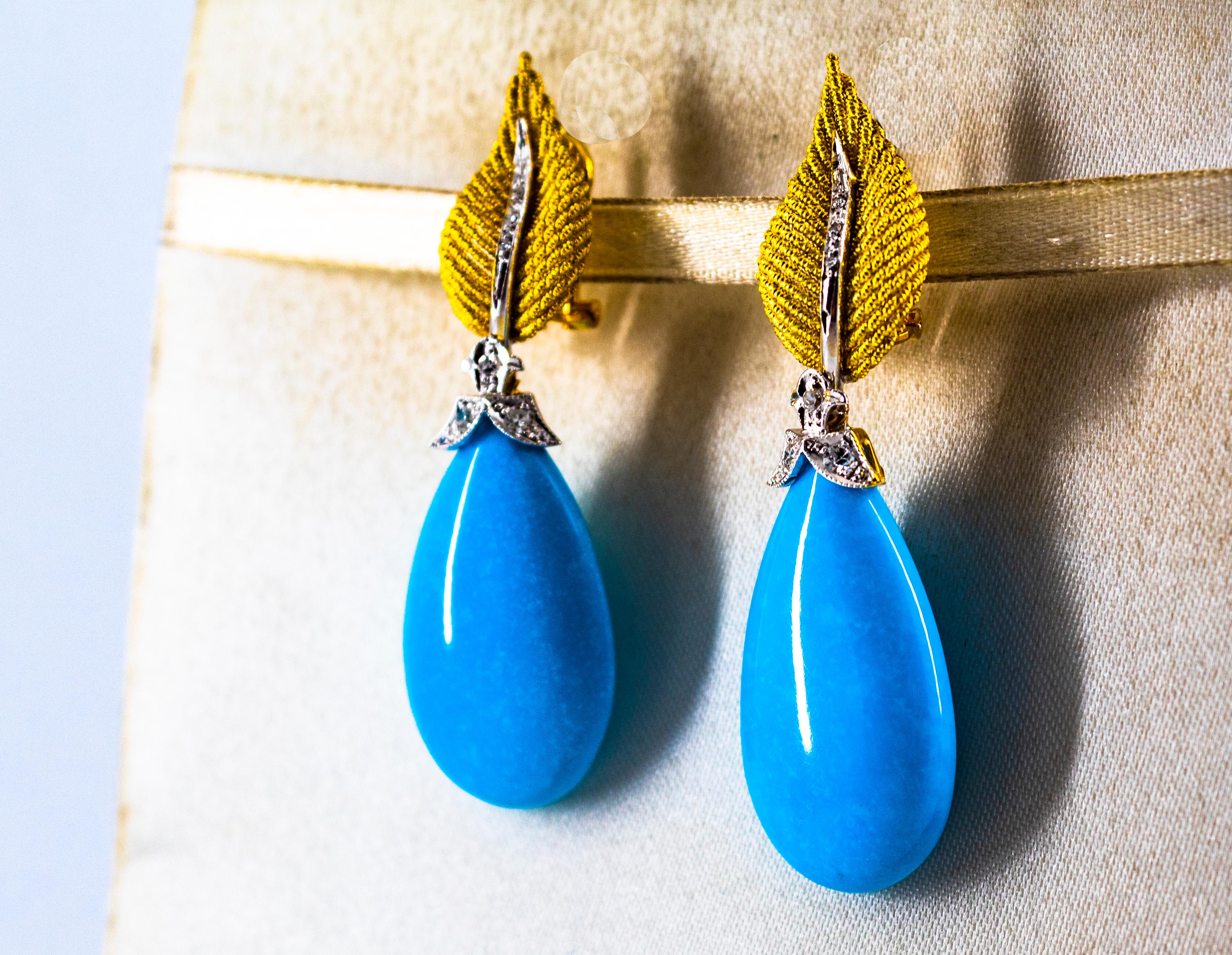 Women's or Men's Art Nouveau White Modern Cut Diamond Turquoise Yellow Gold Clip-On Earrings