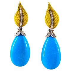 Art Nouveau White Modern Cut Diamond Turquoise Yellow Gold Clip-On Earrings