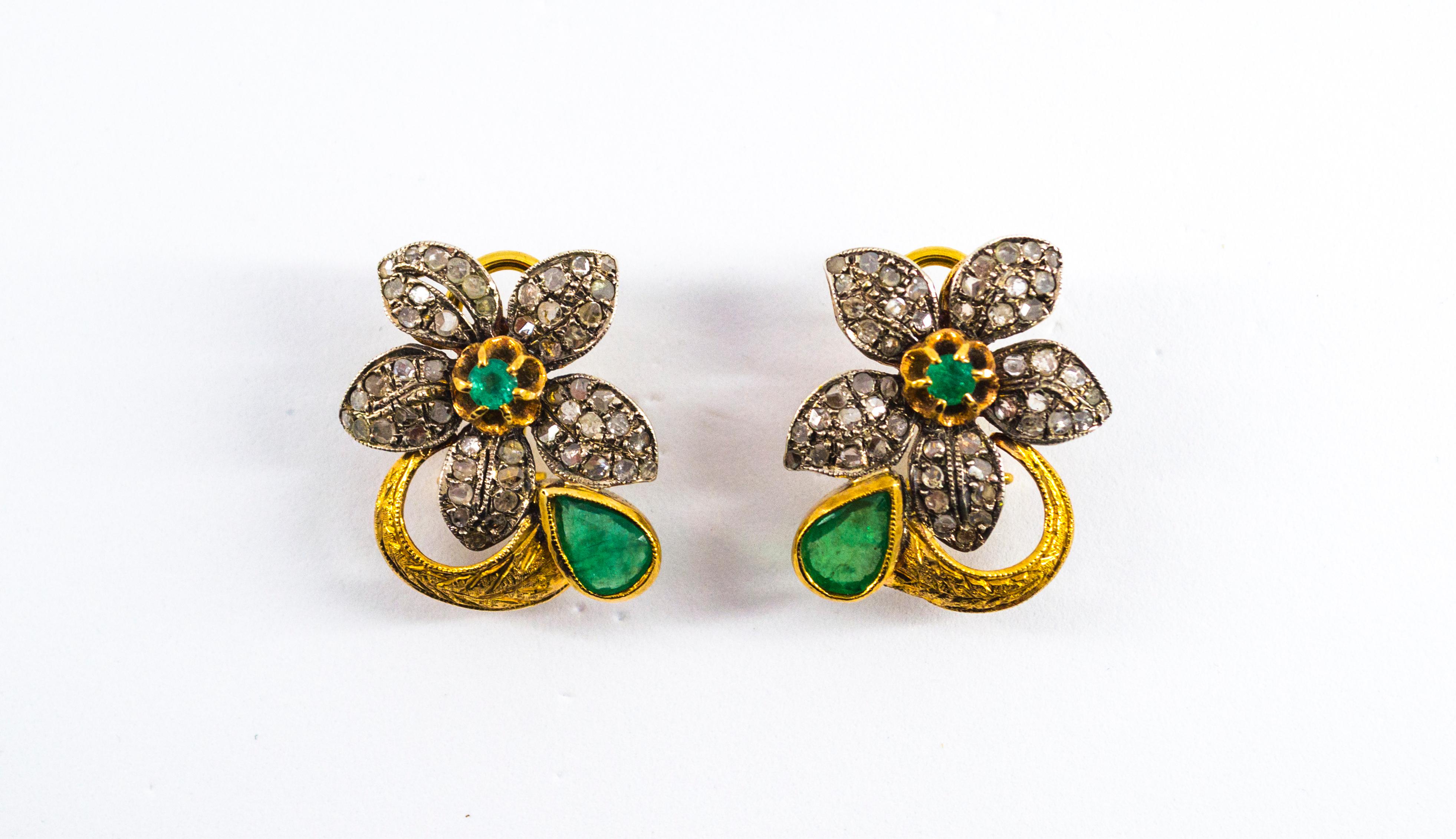 Art Nouveau White Rose Cut Diamond Emerald Yellow Gold Clip-On Flowers Earrings 6