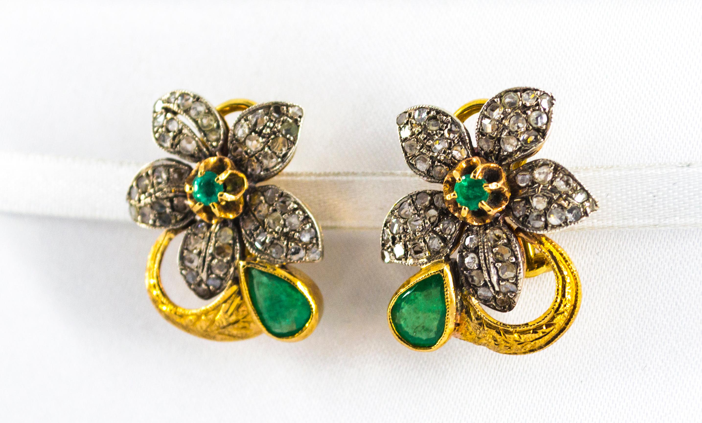 Art Nouveau White Rose Cut Diamond Emerald Yellow Gold Clip-On Flowers Earrings In New Condition In Naples, IT