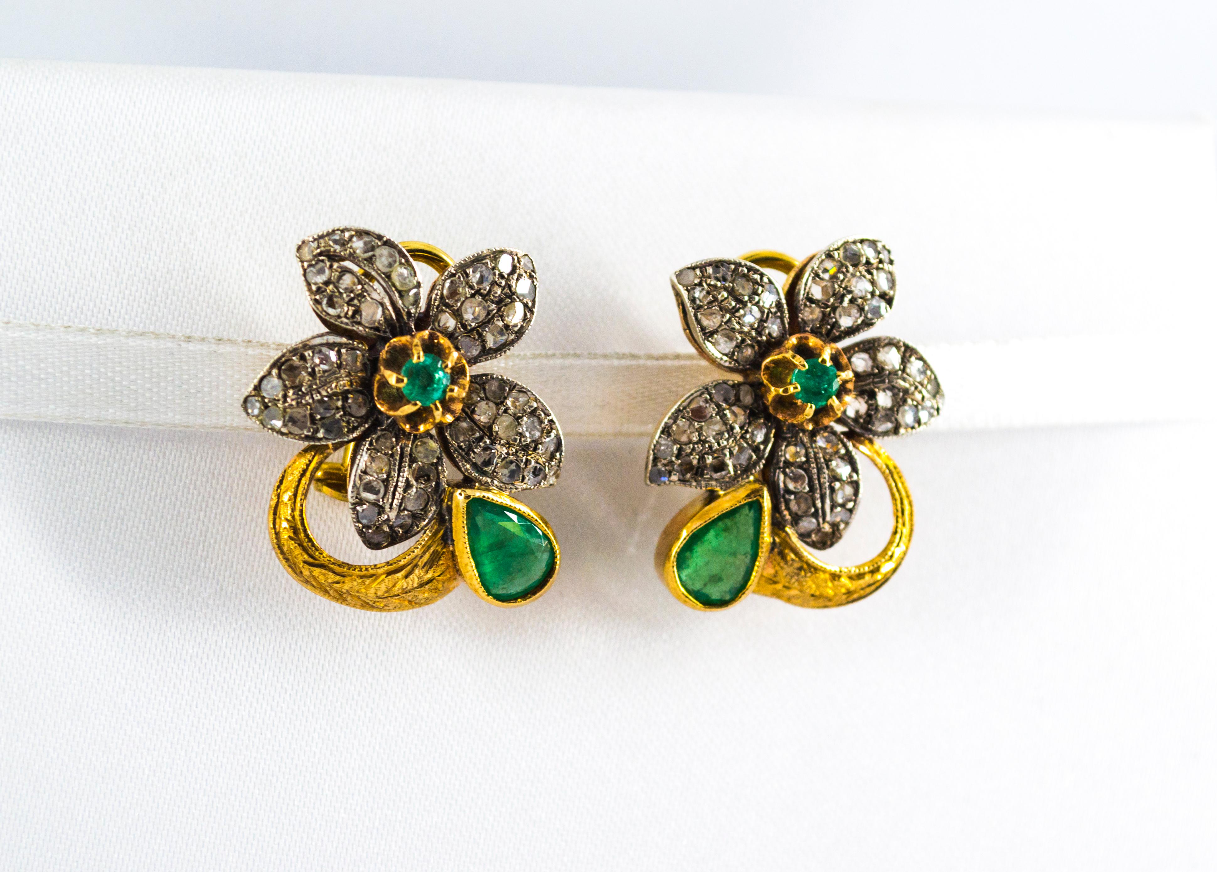 Women's or Men's Art Nouveau White Rose Cut Diamond Emerald Yellow Gold Clip-On Flowers Earrings