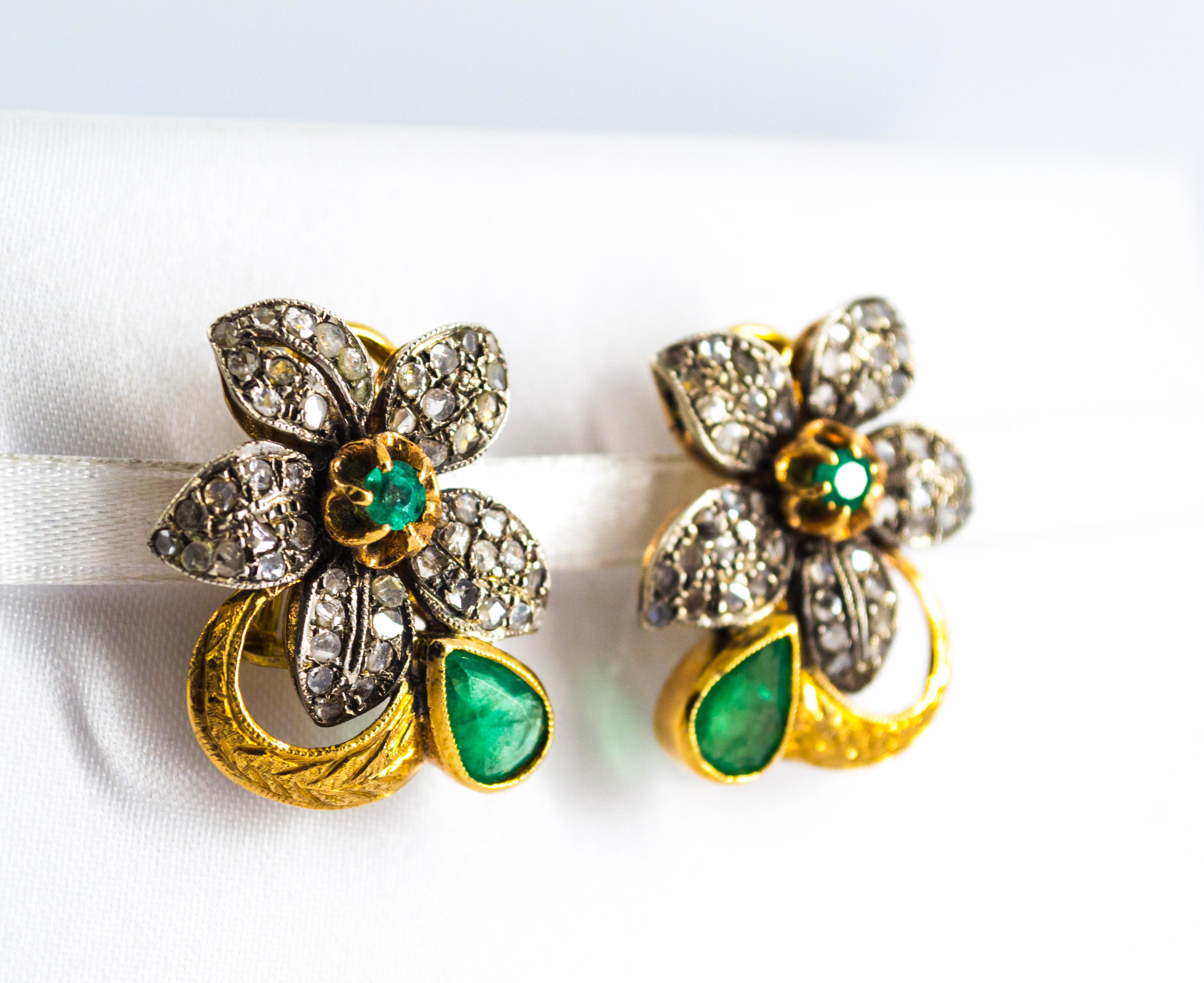 Art Nouveau White Rose Cut Diamond Emerald Yellow Gold Clip-On Flowers Earrings 1