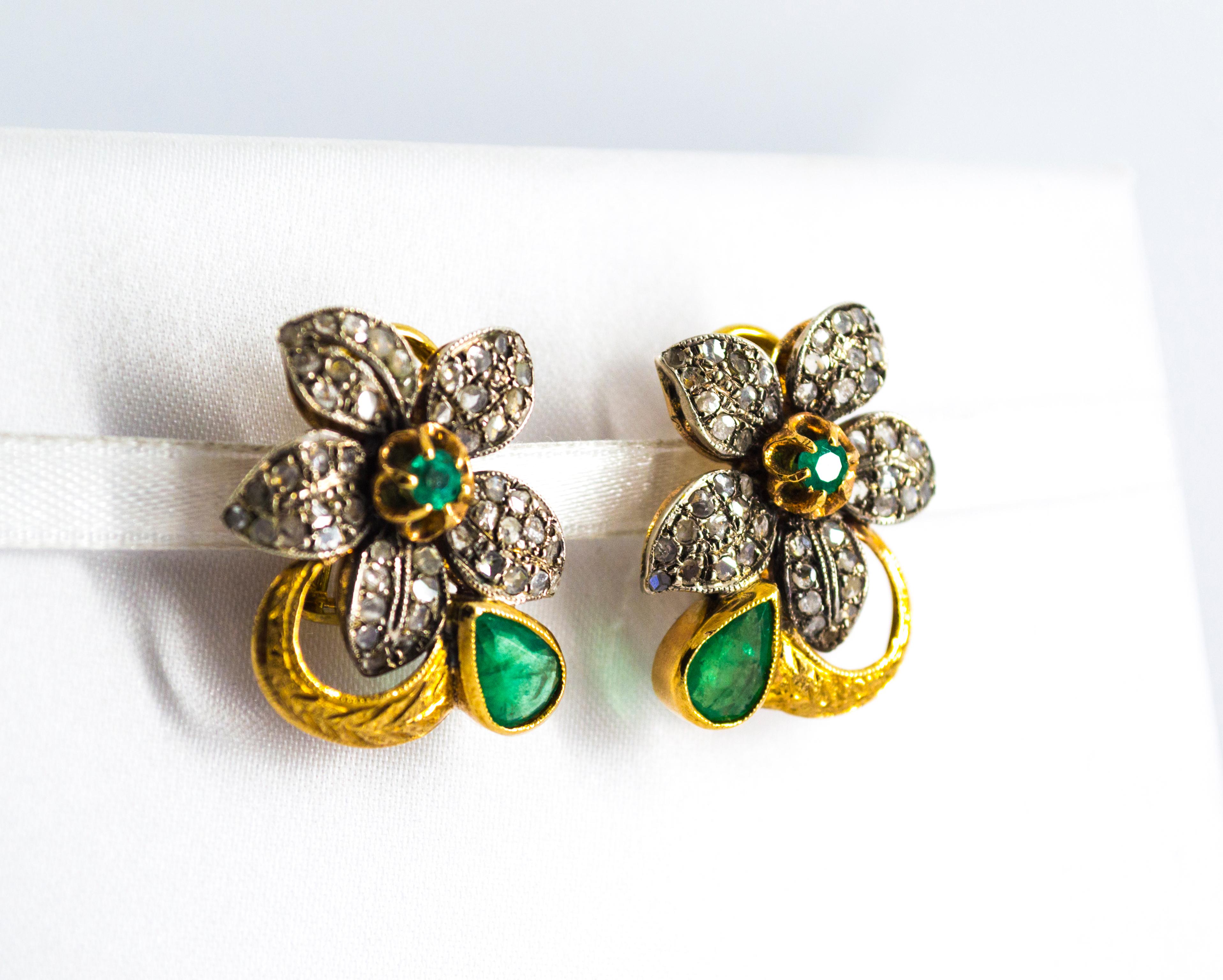 Art Nouveau White Rose Cut Diamond Emerald Yellow Gold Clip-On Flowers Earrings 2