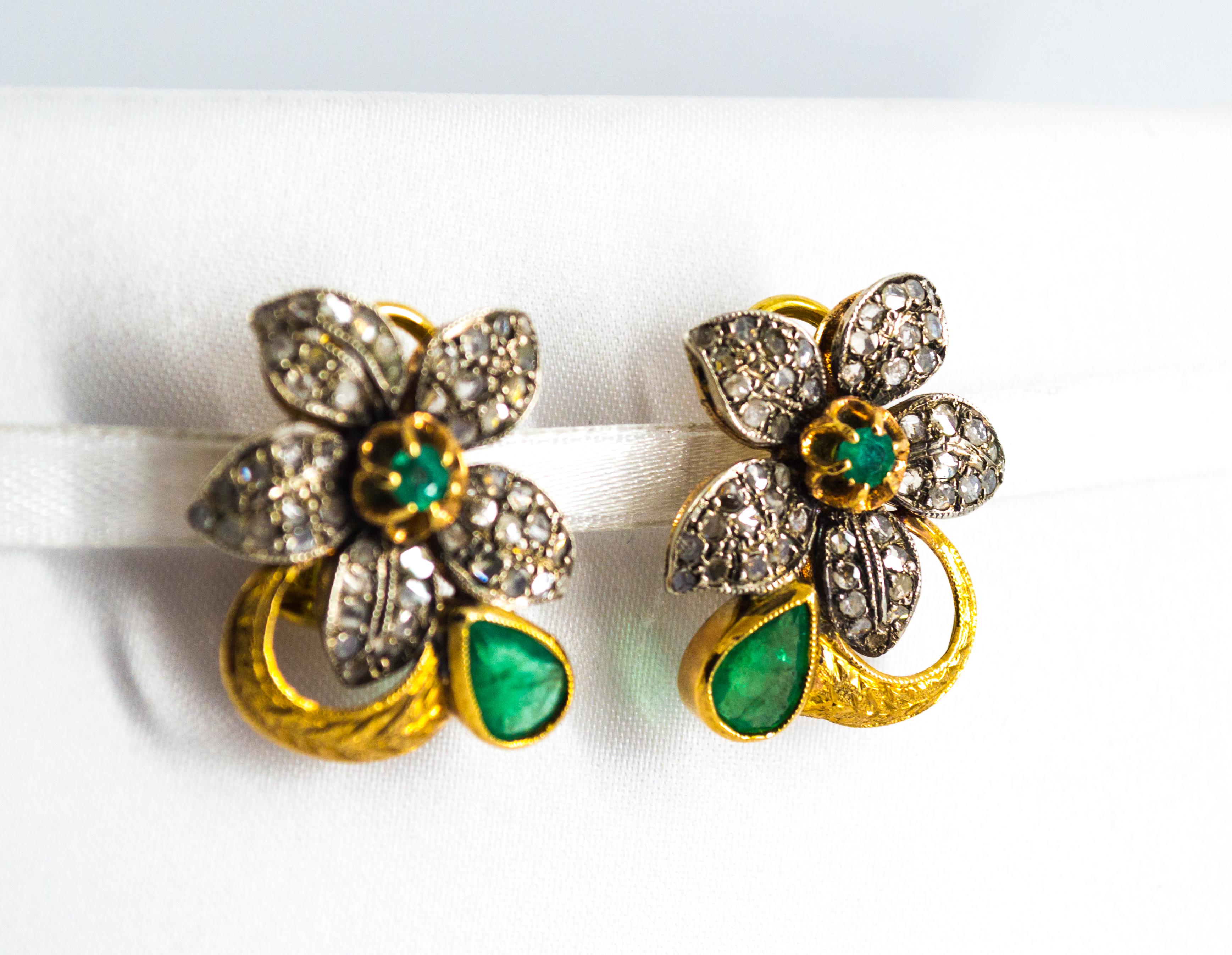 Art Nouveau White Rose Cut Diamond Emerald Yellow Gold Clip-On Flowers Earrings 4