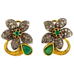 Art Nouveau White Rose Cut Diamond Emerald Yellow Gold Clip-On Flowers Earrings Art Nouveau White Rose Cut Diamond Emerald Yellow Gold Clip-On Flowers Earrings