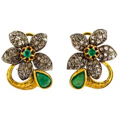 diddulu earrings gold Art Nouveau White Rose Cut Diamond Emerald Yellow Gold Clip-On Flowers Earrings