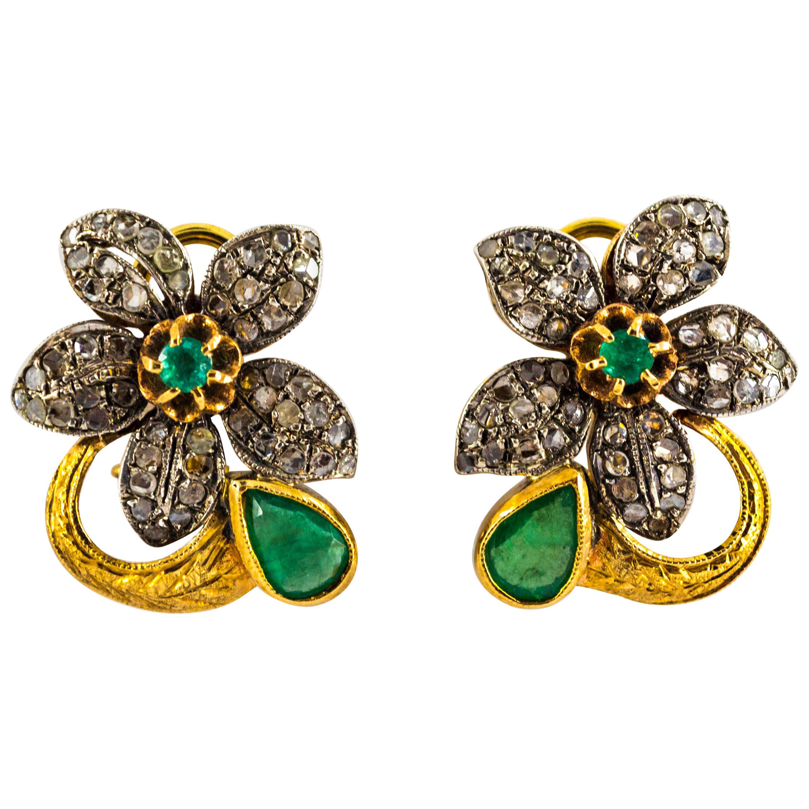 Art Nouveau White Rose Cut Diamond Emerald Yellow Gold Clip-On Flowers Earrings