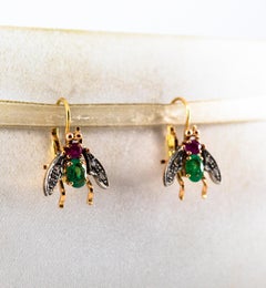 Art Nouveau White Rose Cut Diamond Ruby Emerald Yellow Gold "Flies" Earrings