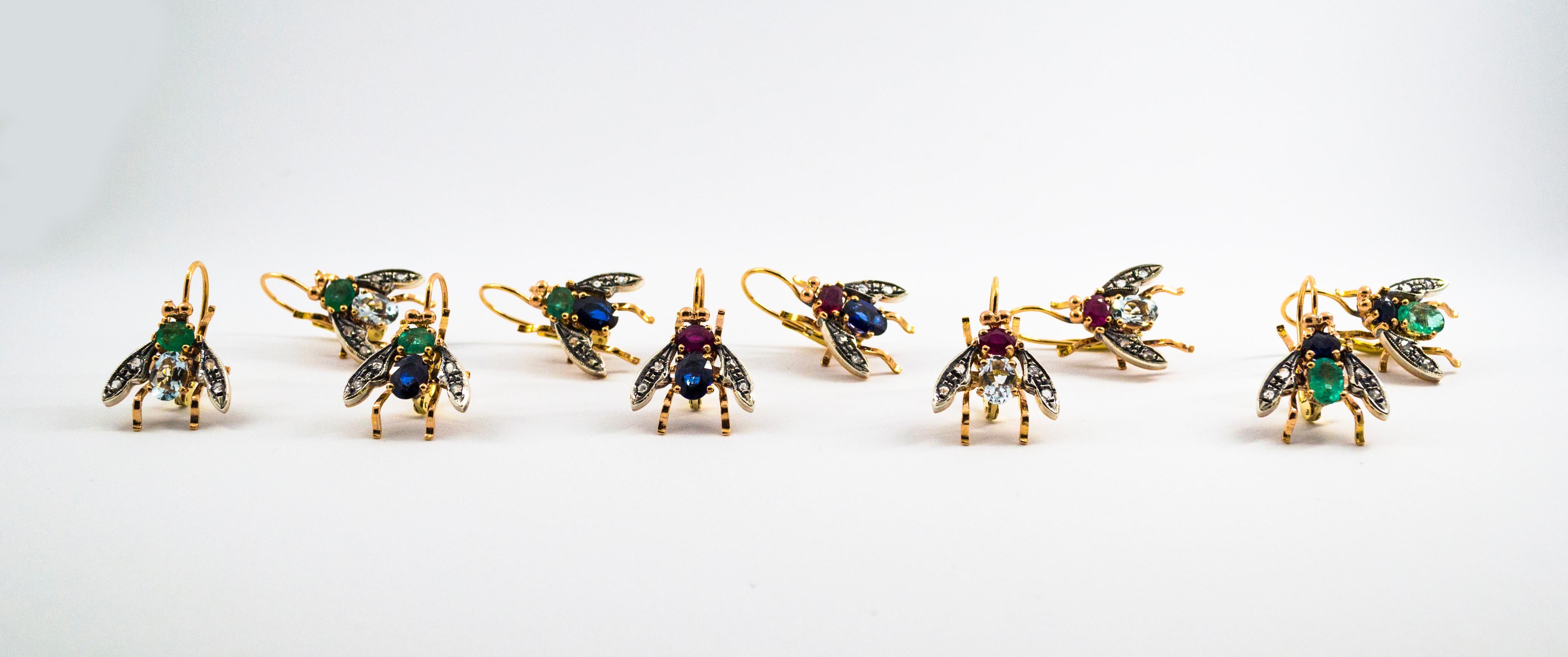 Jugendstil-Ohrringe „Flies“ mit weißem Diamanten im Rosenschliff, Rubin und Smaragd in Gelbgold für Damen oder Herren im Angebot