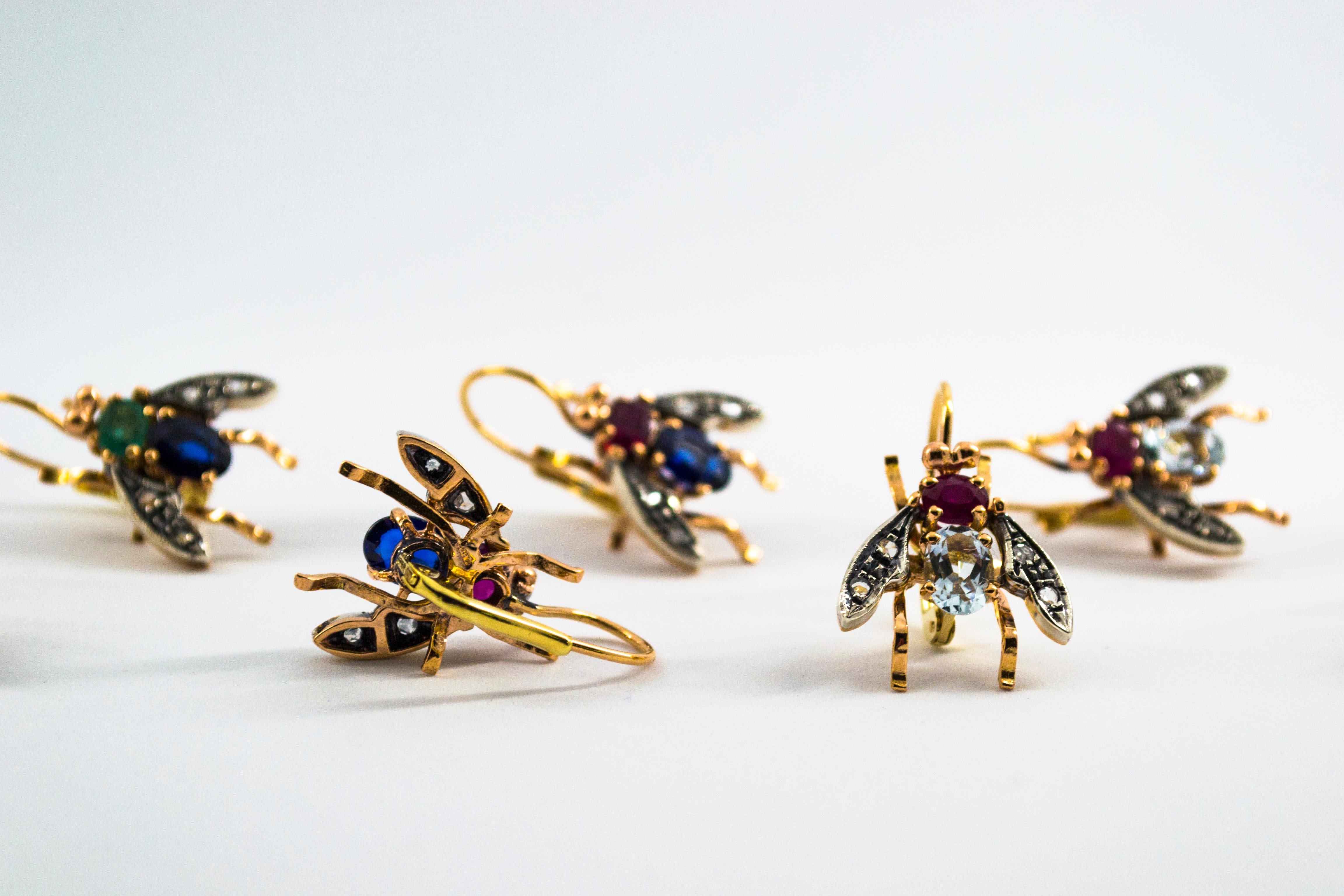 Boucles d'oreilles « Folies » Art Nouveau en or jaune avec diamants blancs taille rose, rubis et émeraudes en vente 1