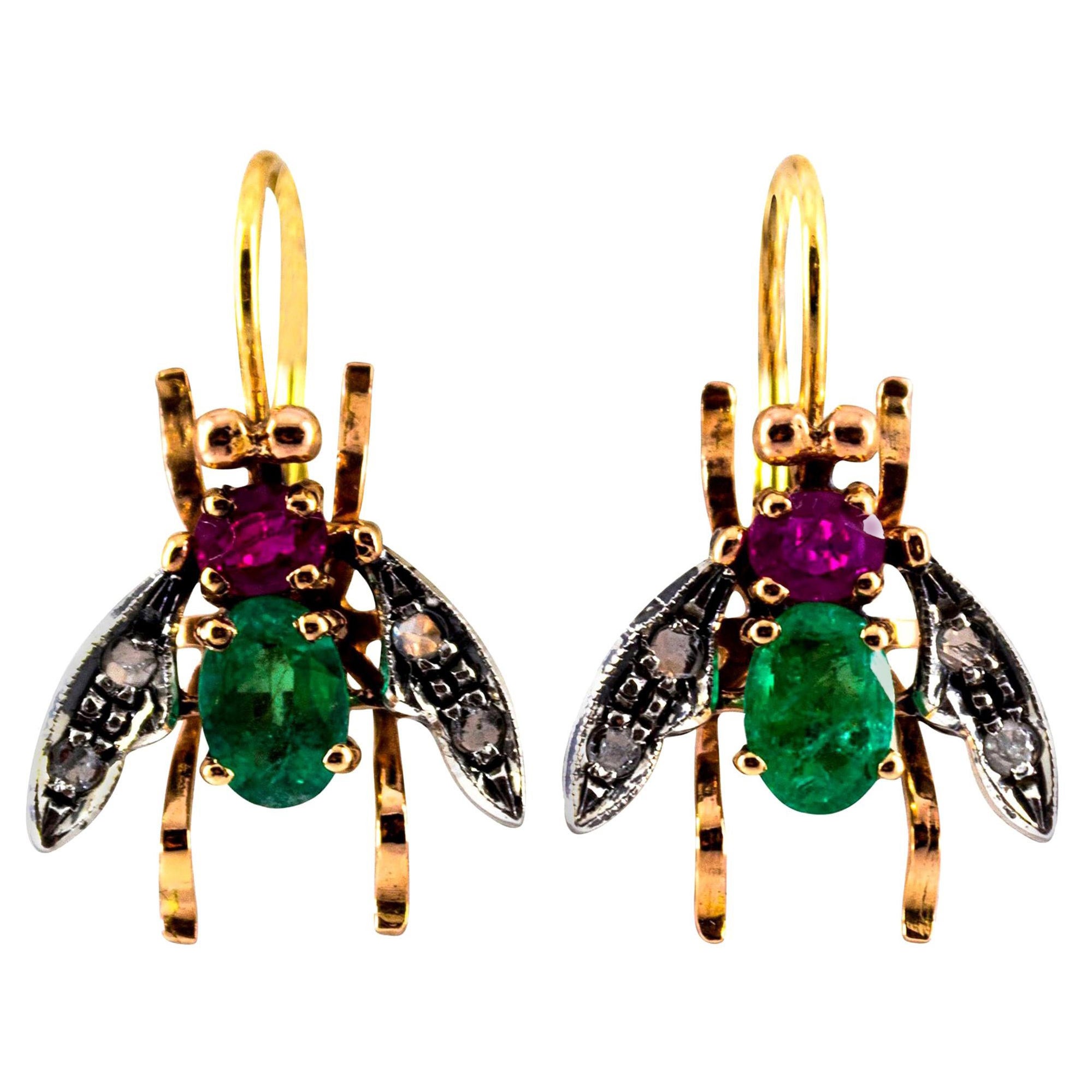 Art Nouveau White Rose Cut Diamond Ruby Emerald Yellow Gold "Flies" Earrings For Sale