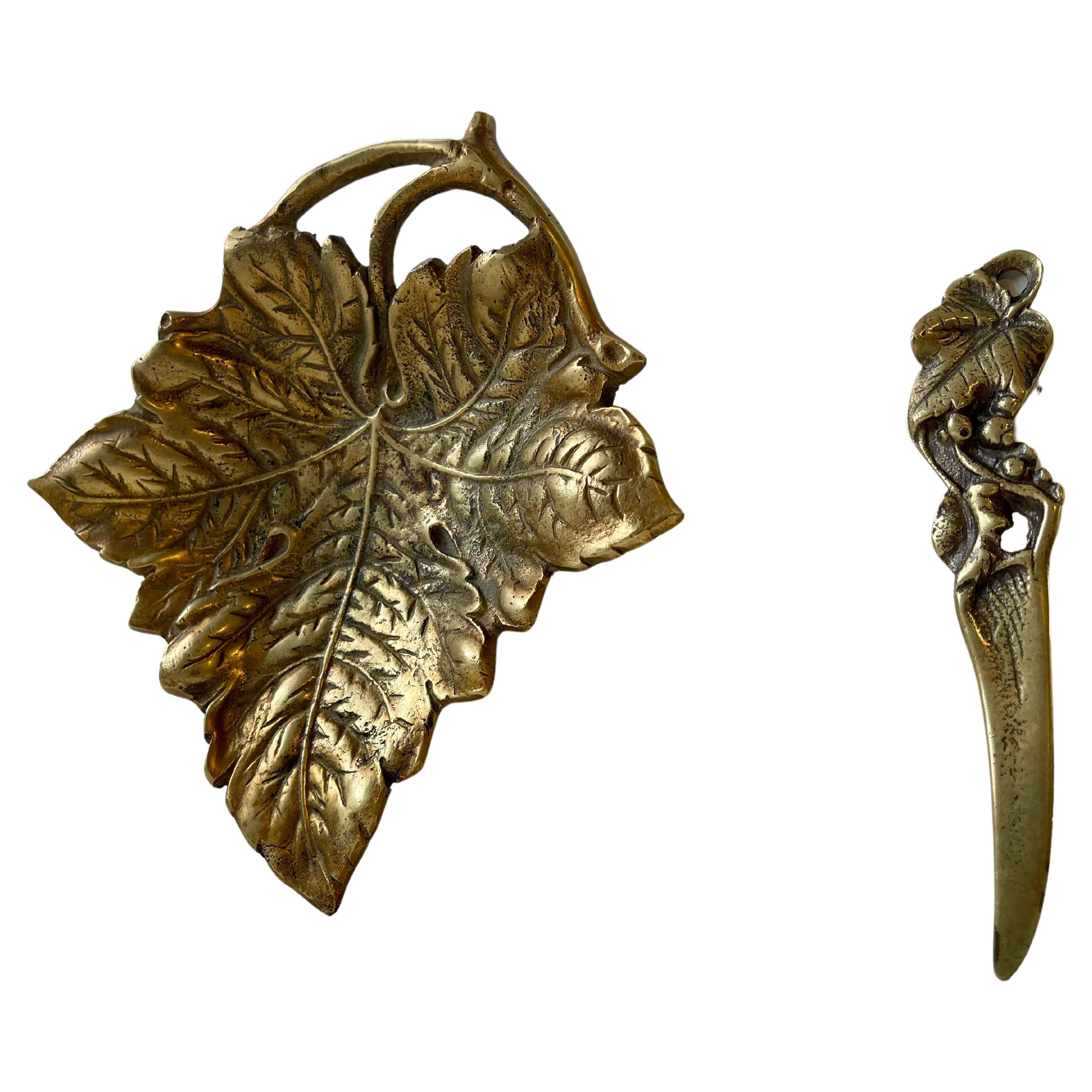 Art Nouveau Wine Leaf Dish & Letter Opener in Brass For Sale