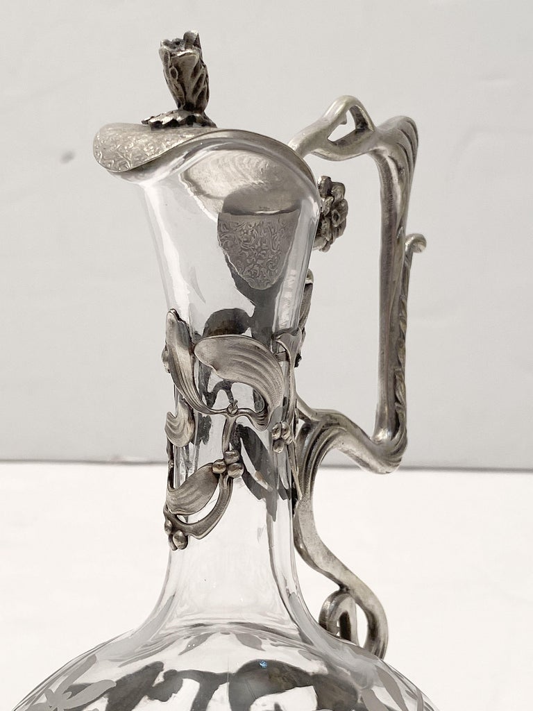 Art Nouveau Wine or Spirits Decanter of Etched Glass with Mistletoe