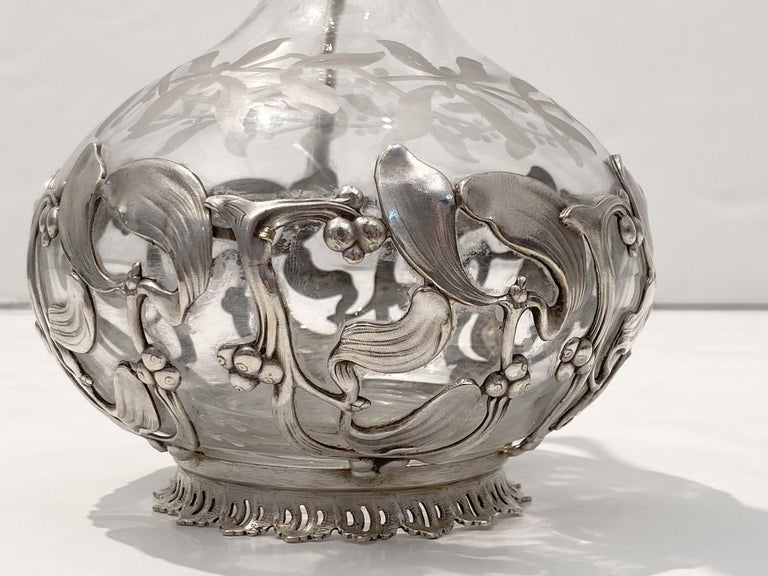 Art Nouveau Wine or Spirits Decanter of Etched Glass with Mistletoe